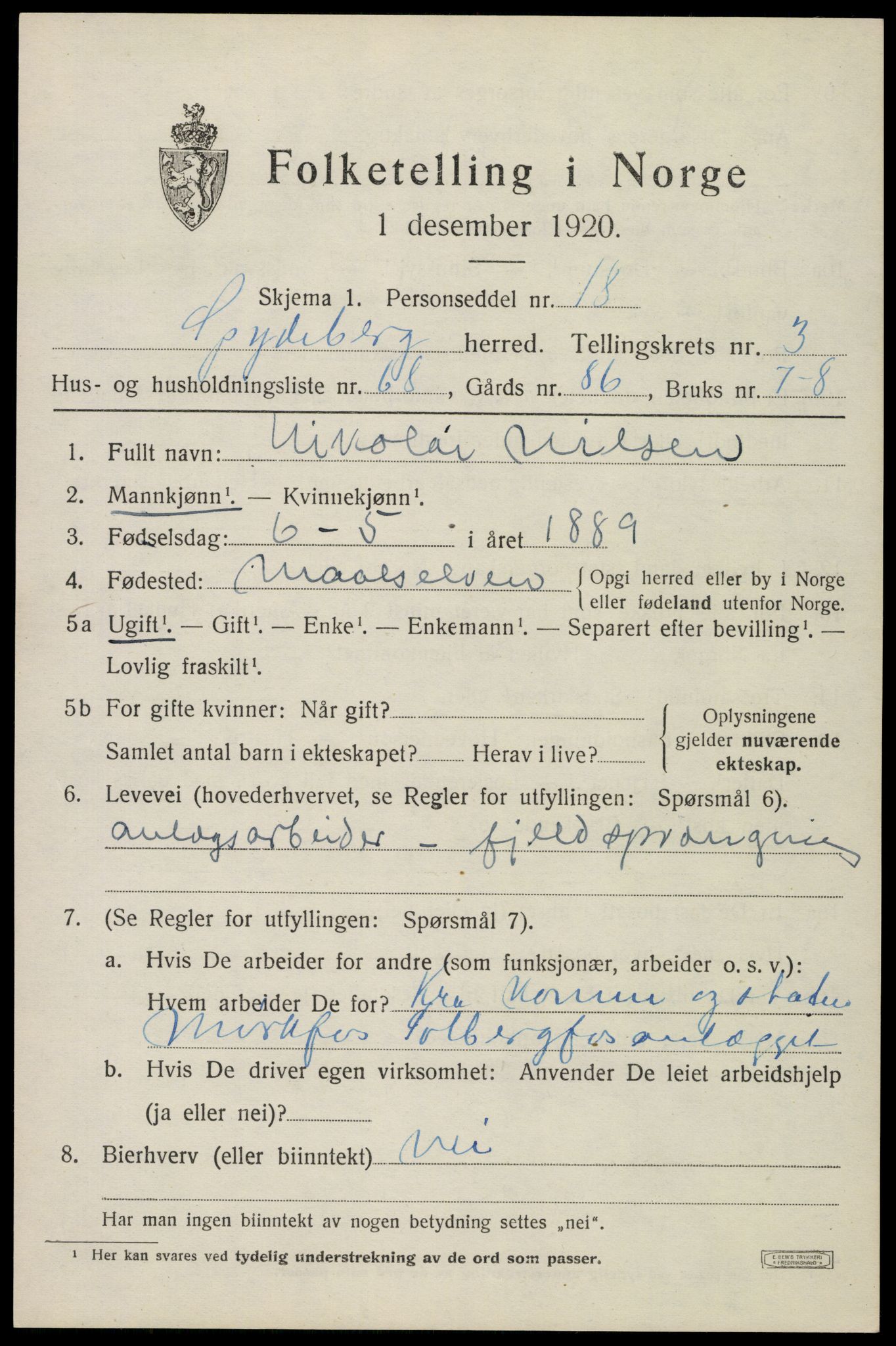 SAO, 1920 census for Spydeberg, 1920, p. 5119