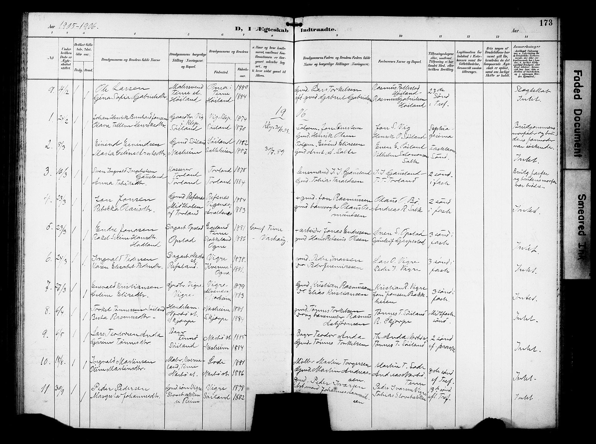 Hå sokneprestkontor, AV/SAST-A-101801/001/30BB/L0005: Parish register (copy) no. B 5, 1894-1912, p. 173