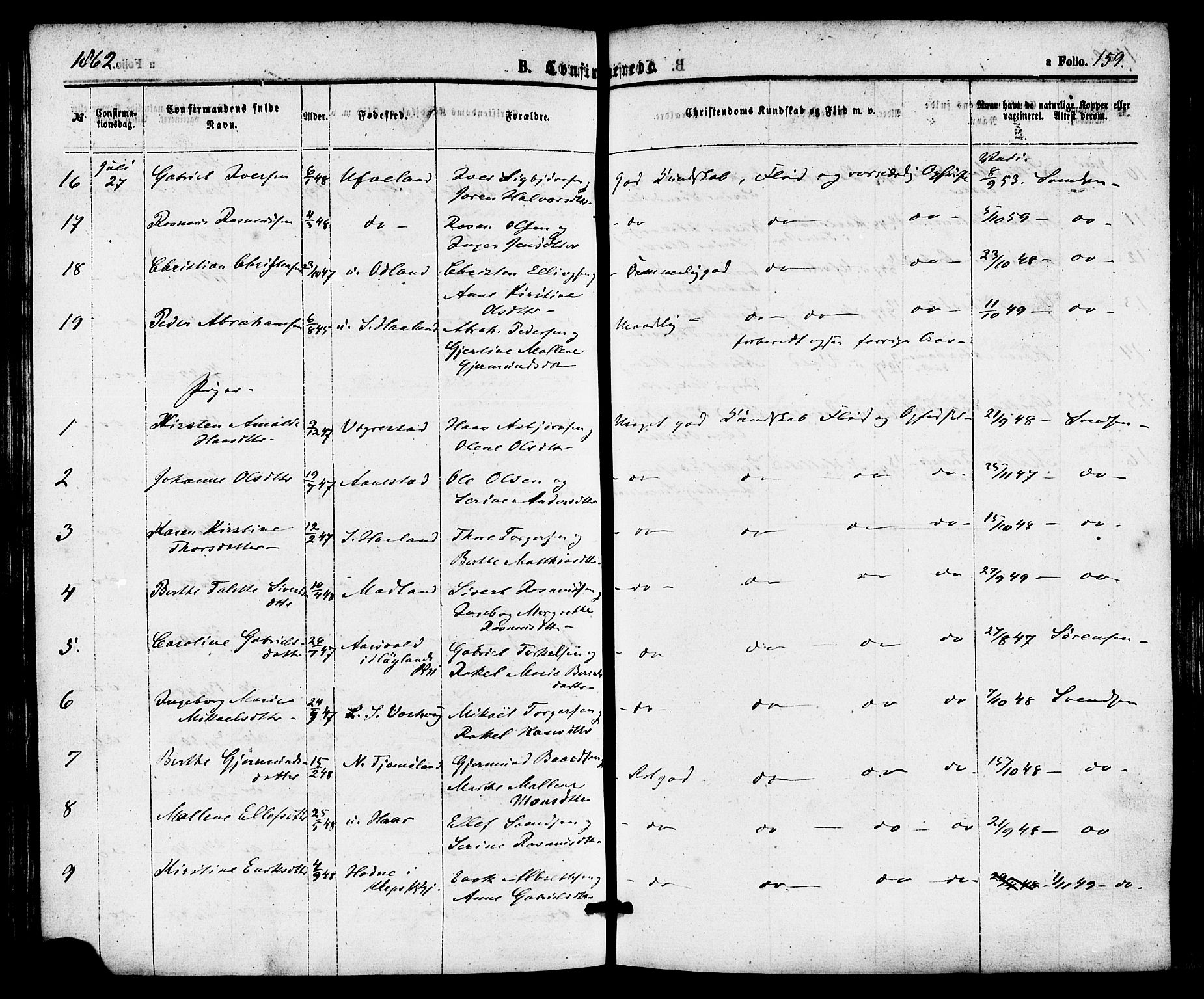 Hå sokneprestkontor, AV/SAST-A-101801/001/30BA/L0009: Parish register (official) no. A 8, 1855-1878, p. 159