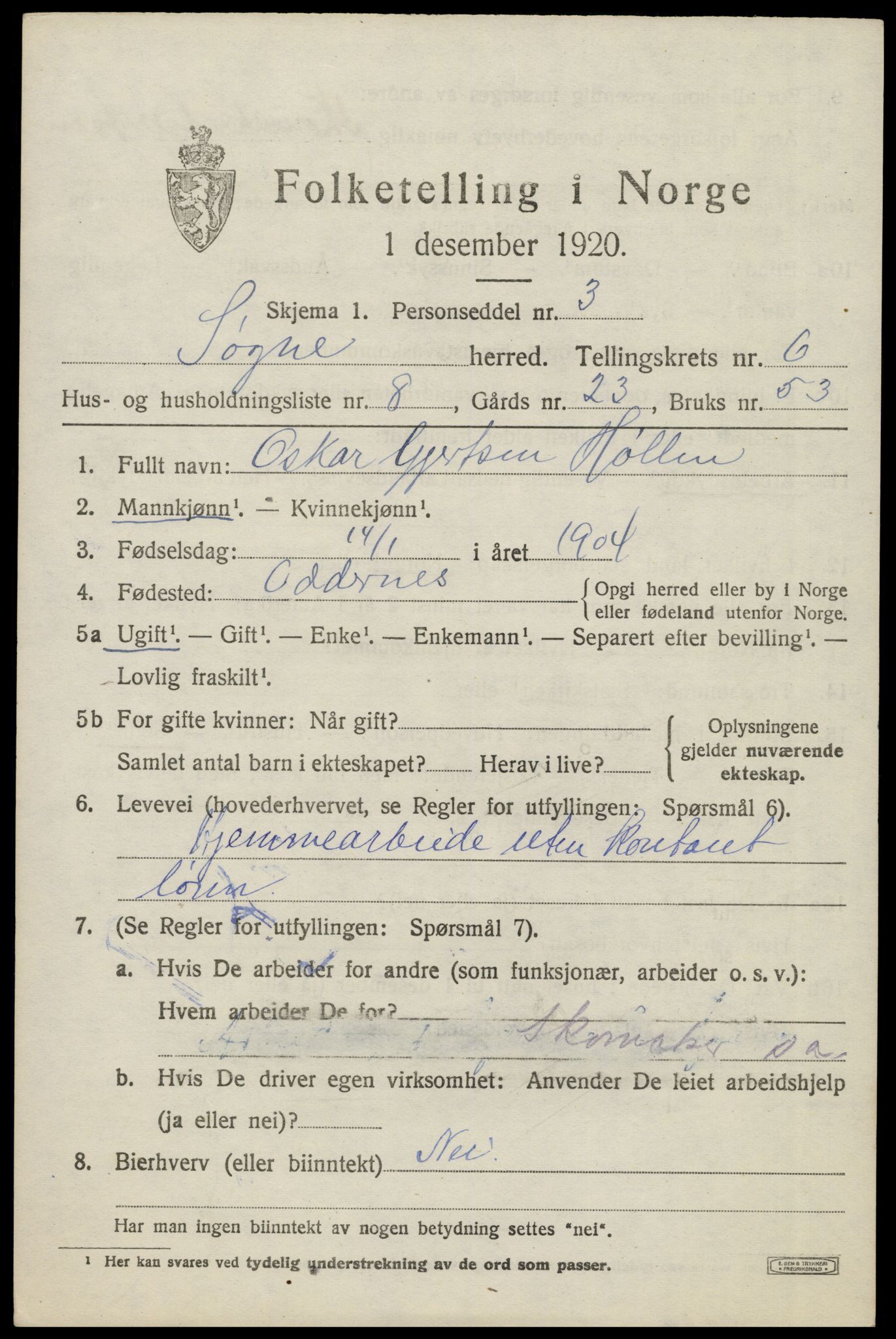SAK, 1920 census for Søgne, 1920, p. 2821