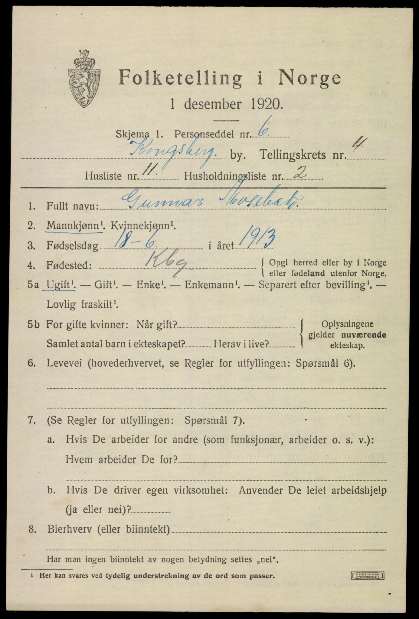 SAKO, 1920 census for Kongsberg, 1920, p. 11128