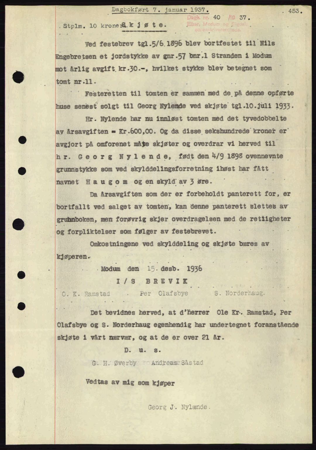Eiker, Modum og Sigdal sorenskriveri, SAKO/A-123/G/Ga/Gab/L0034: Mortgage book no. A4, 1936-1937, Diary no: : 40/1937