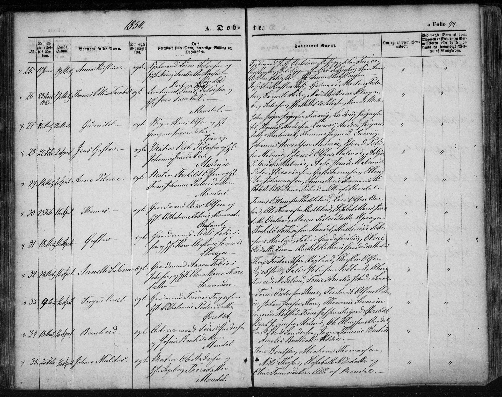 Mandal sokneprestkontor, AV/SAK-1111-0030/F/Fa/Faa/L0013: Parish register (official) no. A 13, 1847-1859, p. 94