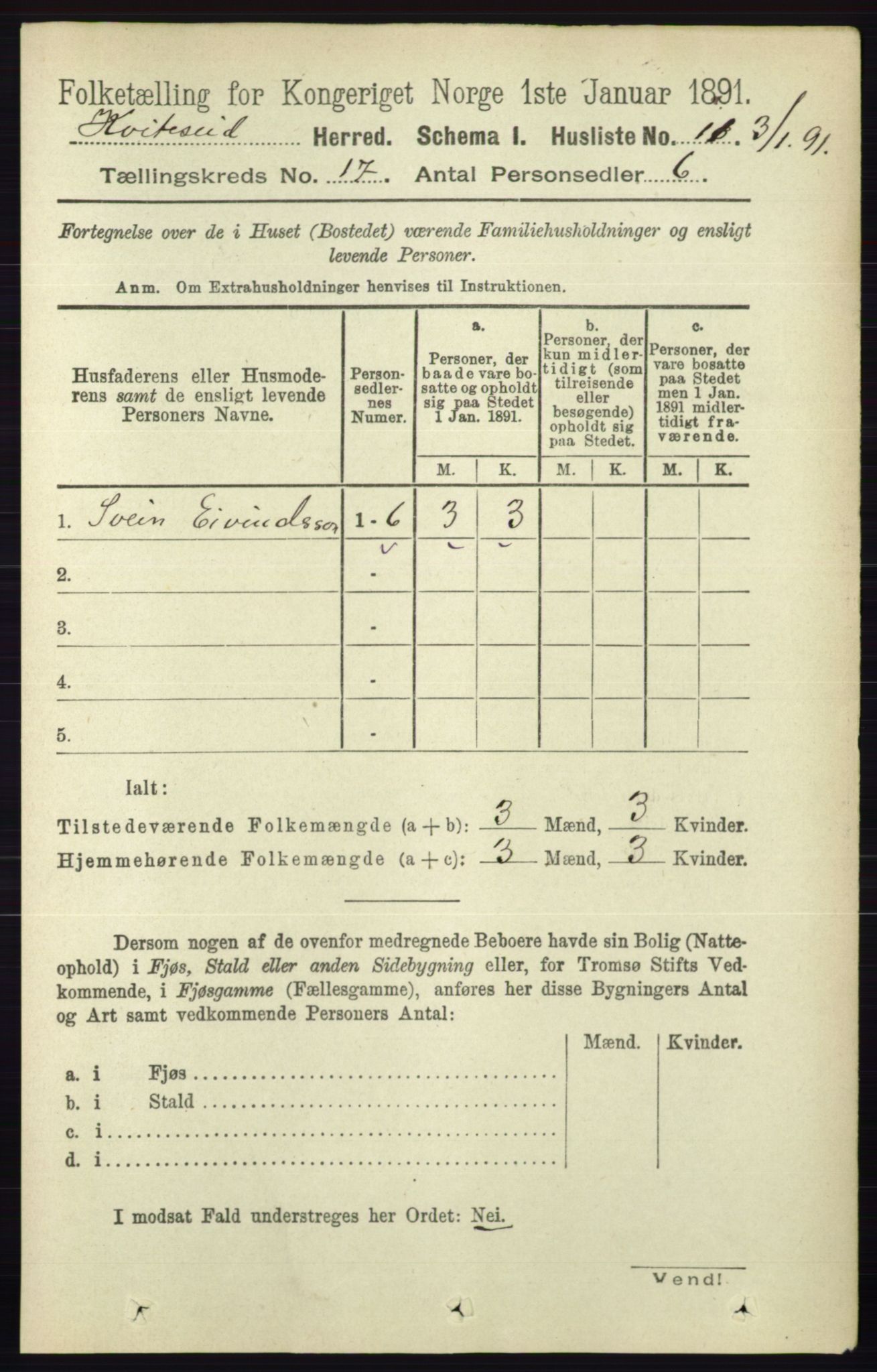 RA, 1891 census for 0829 Kviteseid, 1891, p. 3764