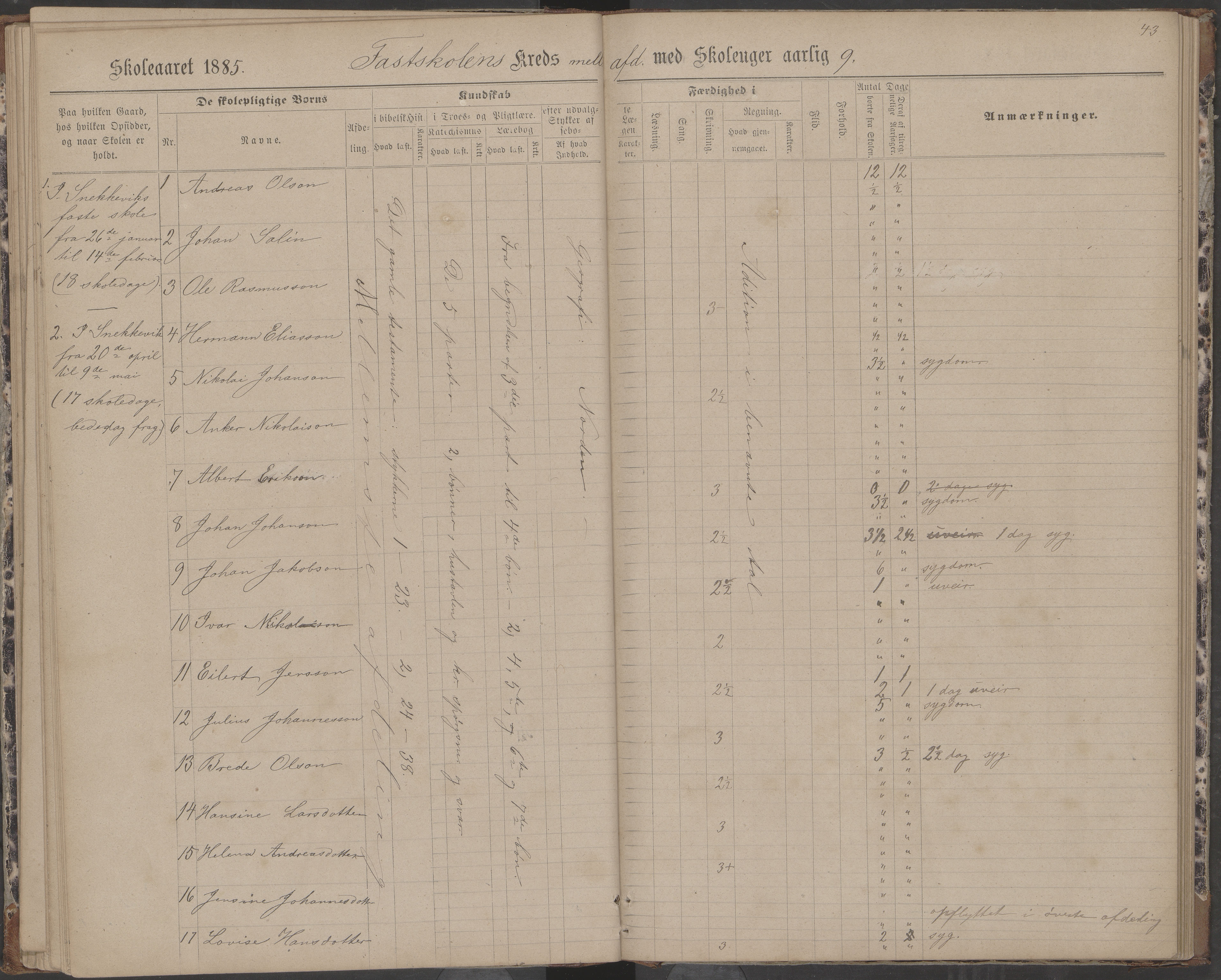 Dønna kommune. Dønnes fastskole, AIN/K-18270.510.01/442/L0004: Skoleprotokoll, 1880-1887, p. 43