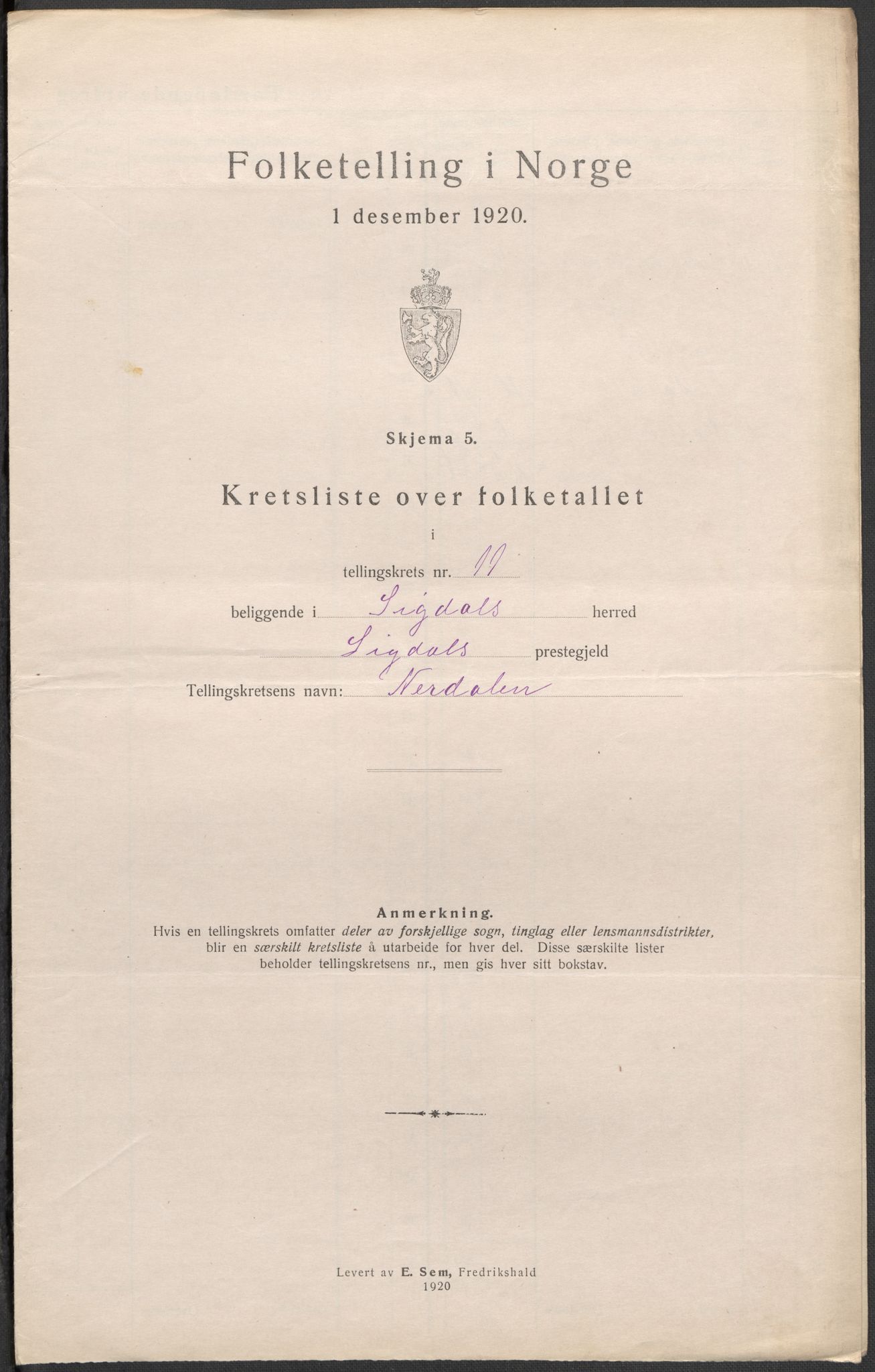 SAKO, 1920 census for Sigdal, 1920, p. 39