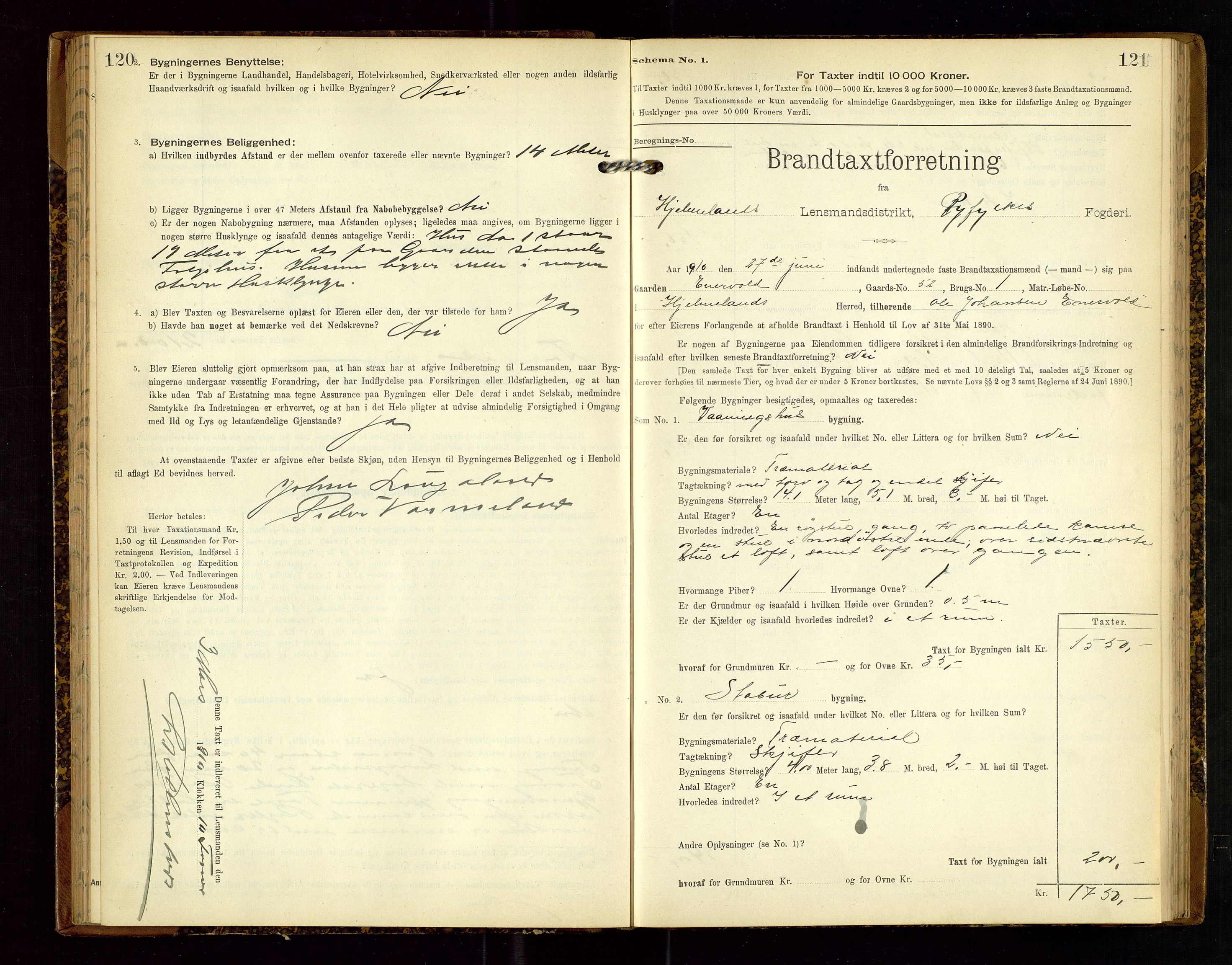 Hjelmeland lensmannskontor, SAST/A-100439/Gob/L0002: "Brandtaxationsprotokol", 1904-1920, p. 120-121