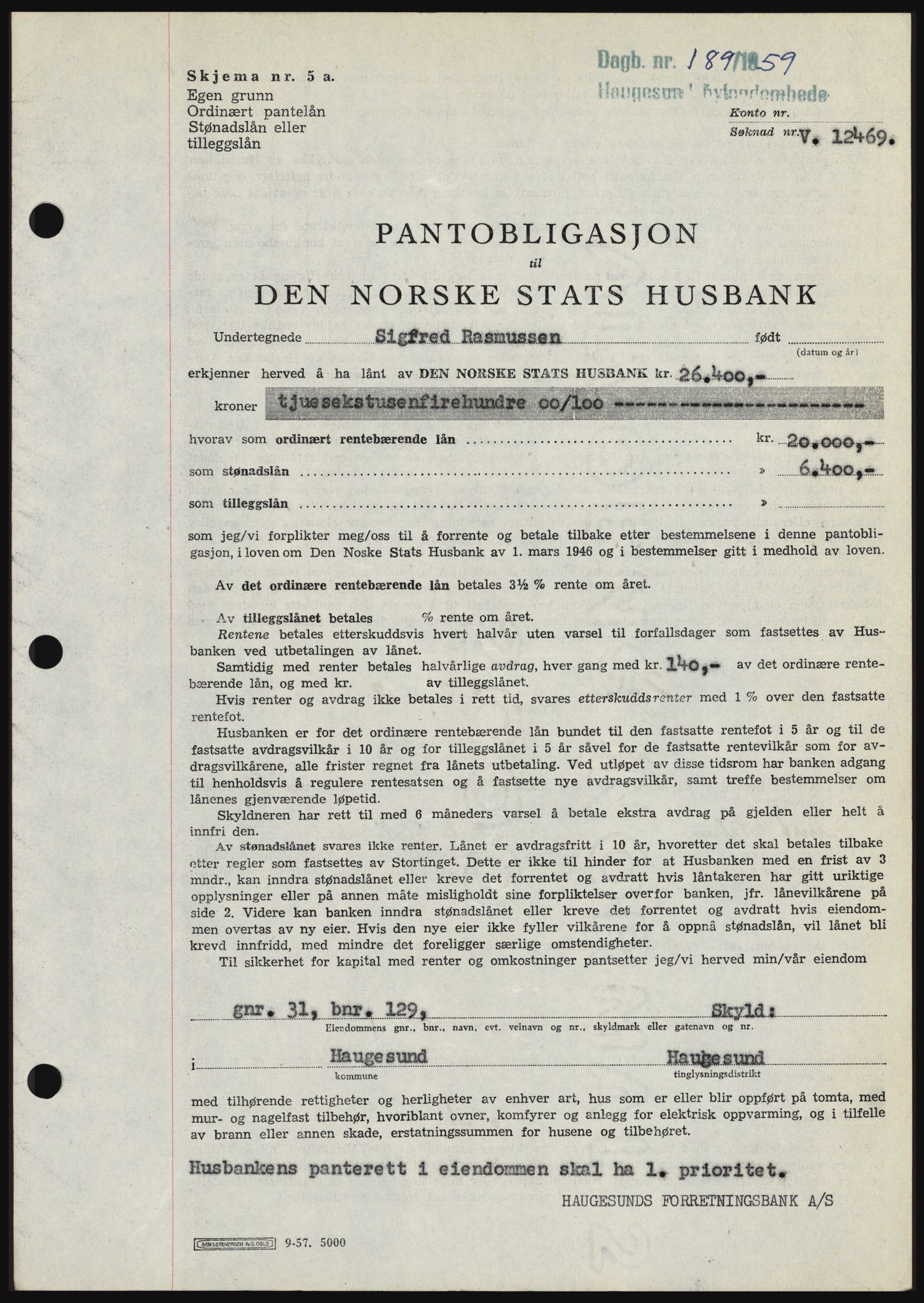 Haugesund tingrett, SAST/A-101415/01/II/IIC/L0044: Mortgage book no. B 44, 1958-1959, Diary no: : 189/1959