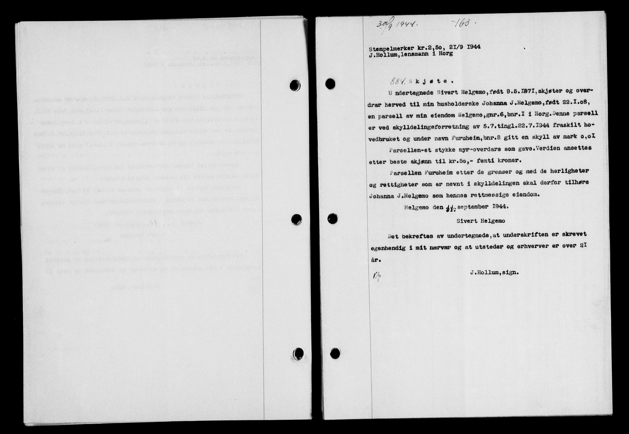 Gauldal sorenskriveri, SAT/A-0014/1/2/2C/L0058: Mortgage book no. 63, 1944-1945, Diary no: : 884/1944