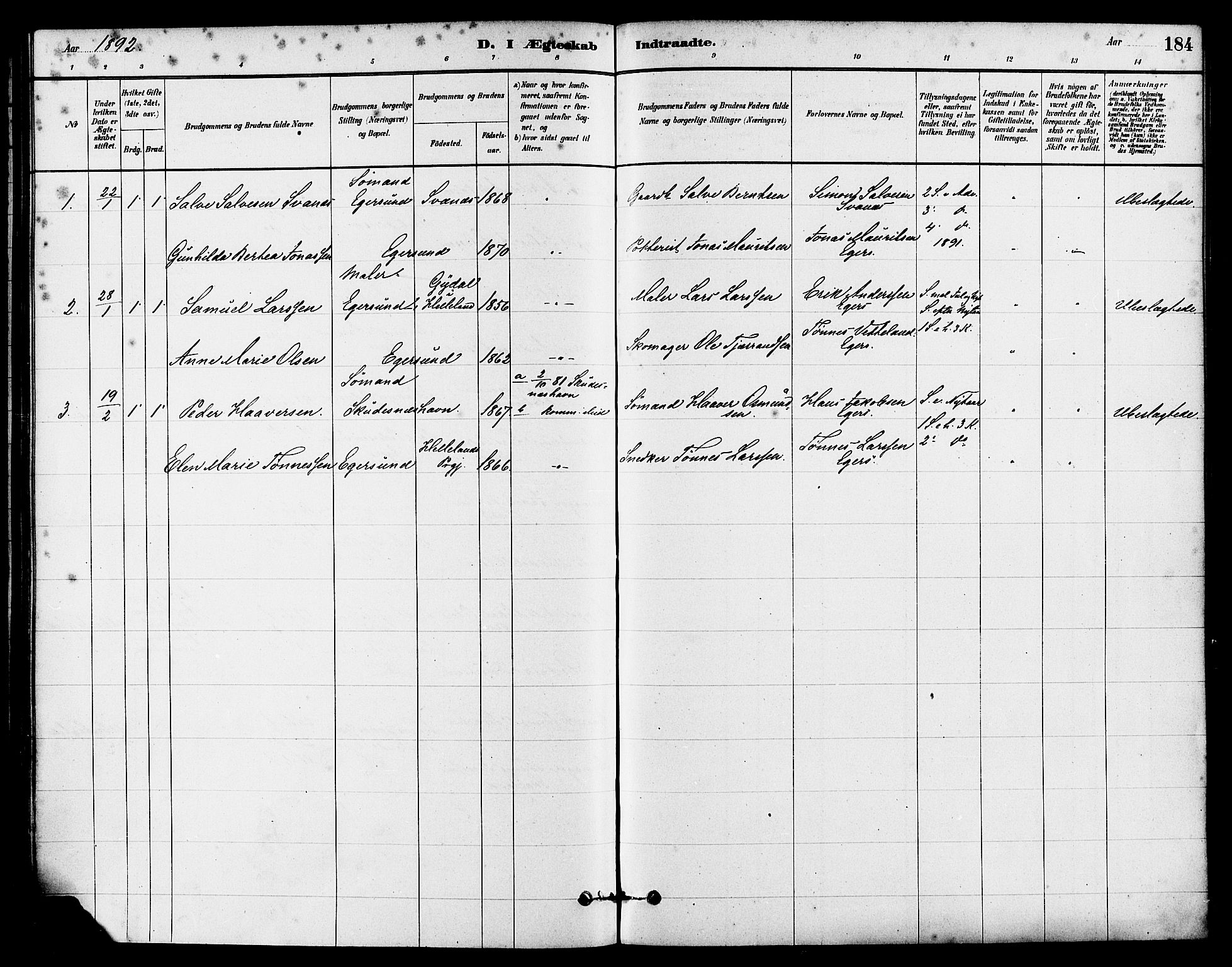 Eigersund sokneprestkontor, SAST/A-101807/S08/L0015: Parish register (official) no. A 15, 1879-1892, p. 184