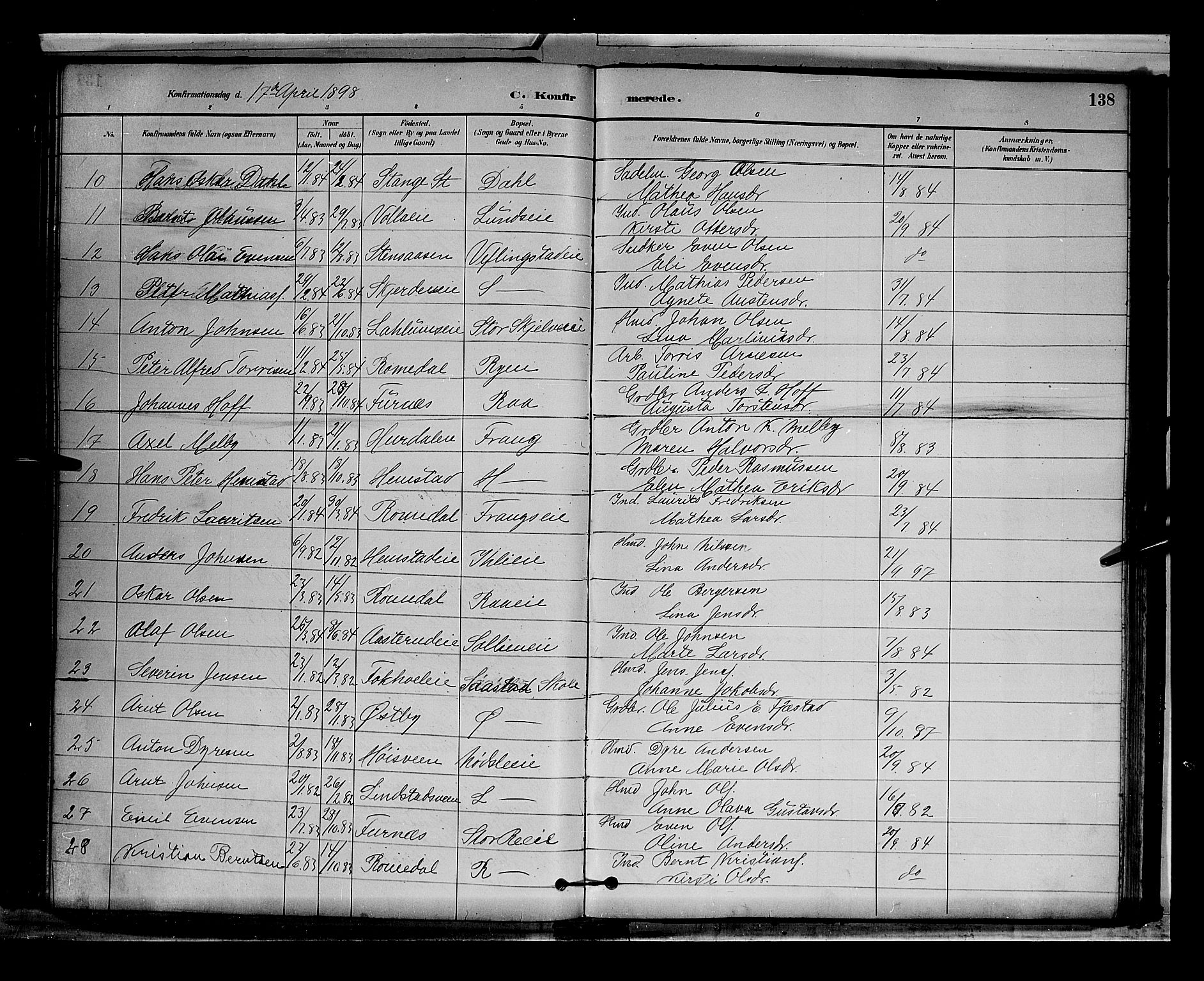 Stange prestekontor, AV/SAH-PREST-002/L/L0009: Parish register (copy) no. 9, 1883-1899, p. 138