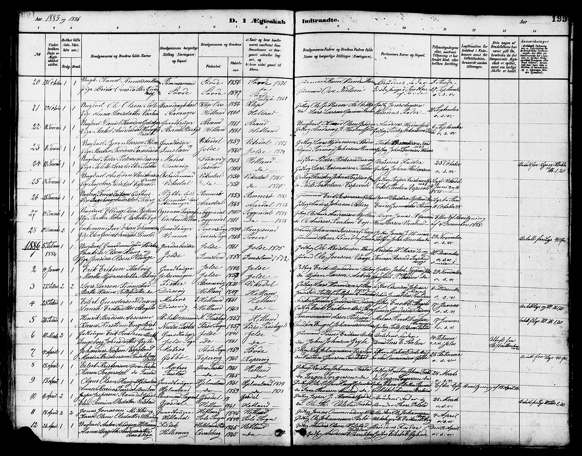 Hetland sokneprestkontor, SAST/A-101826/30/30BB/L0005: Parish register (copy) no. B 5, 1878-1910, p. 199