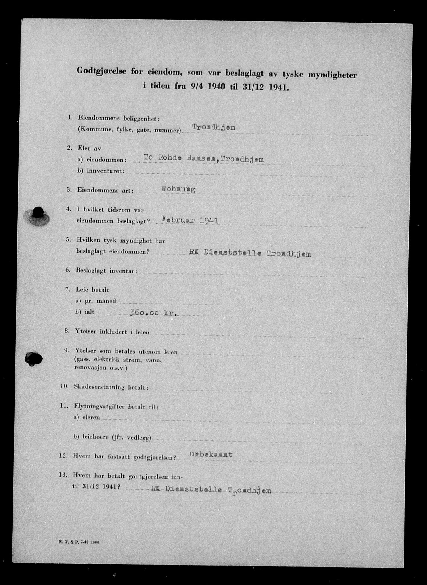 Justisdepartementet, Tilbakeføringskontoret for inndratte formuer, AV/RA-S-1564/I/L1018: Godtgjørelse for beslaglagt eiendom, 1940-1941, p. 57