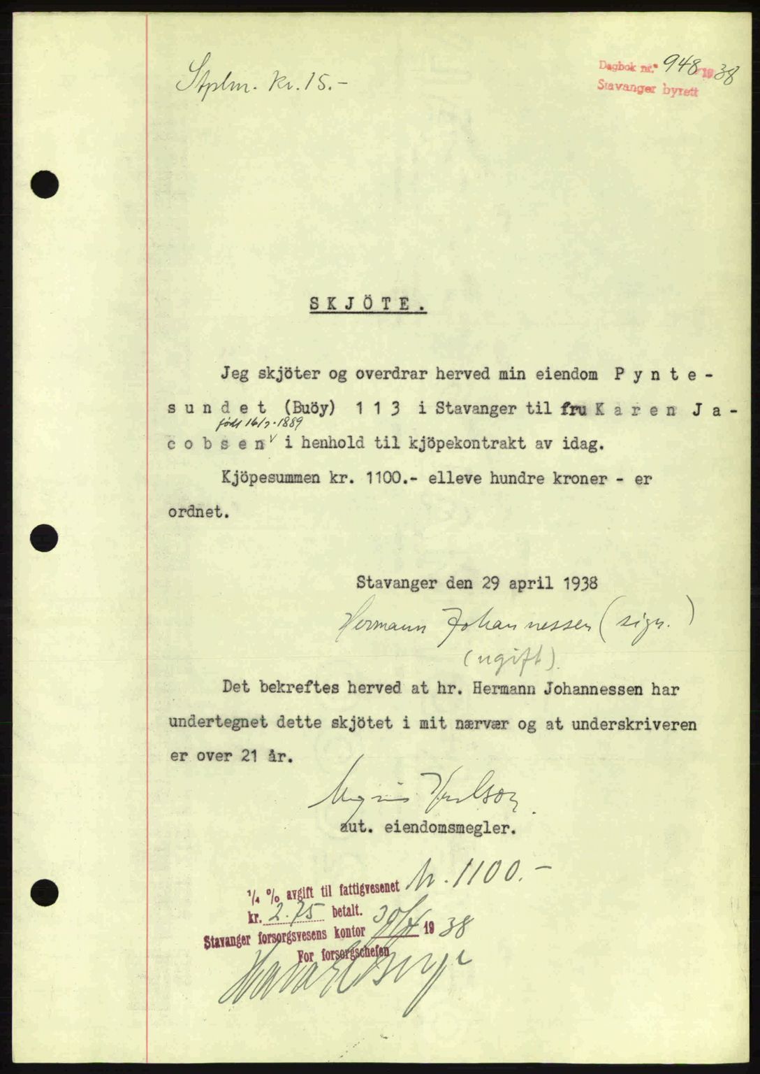 Stavanger byrett, SAST/A-100455/002/G/Gb/L0013: Mortgage book no. A3, 1937-1938, Diary no: : 948/1938