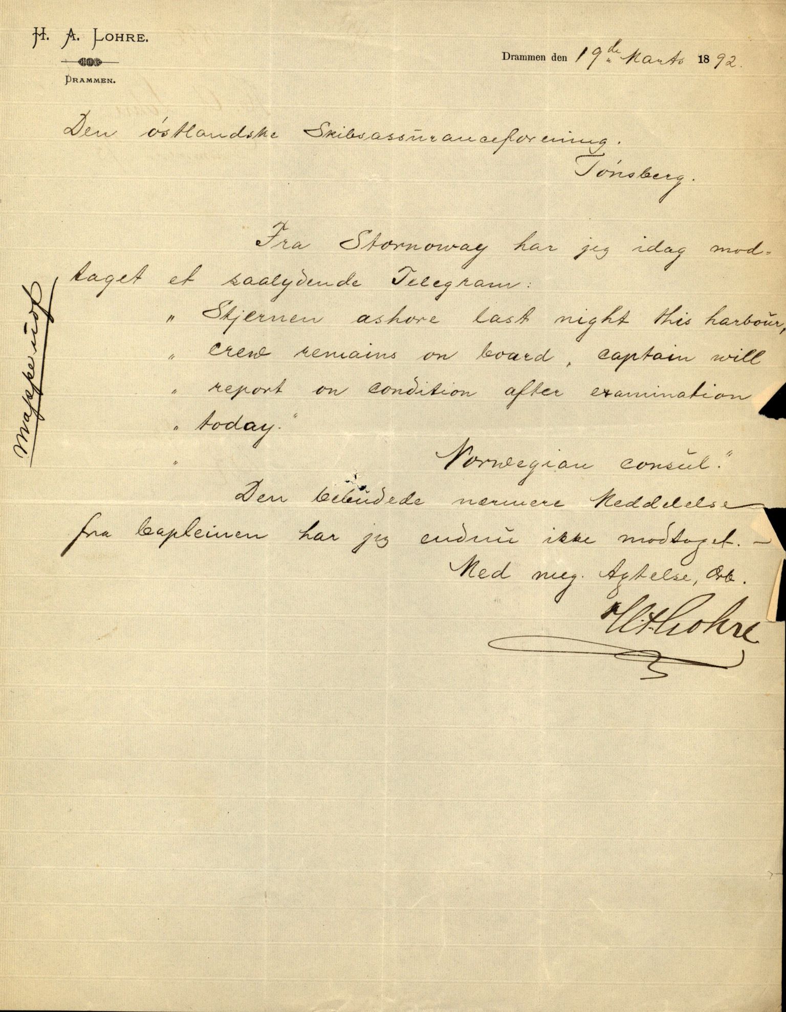 Pa 63 - Østlandske skibsassuranceforening, VEMU/A-1079/G/Ga/L0028/0005: Havaridokumenter / Tjømø, Magnolia, Caroline, Olaf, Stjernen, 1892, p. 164