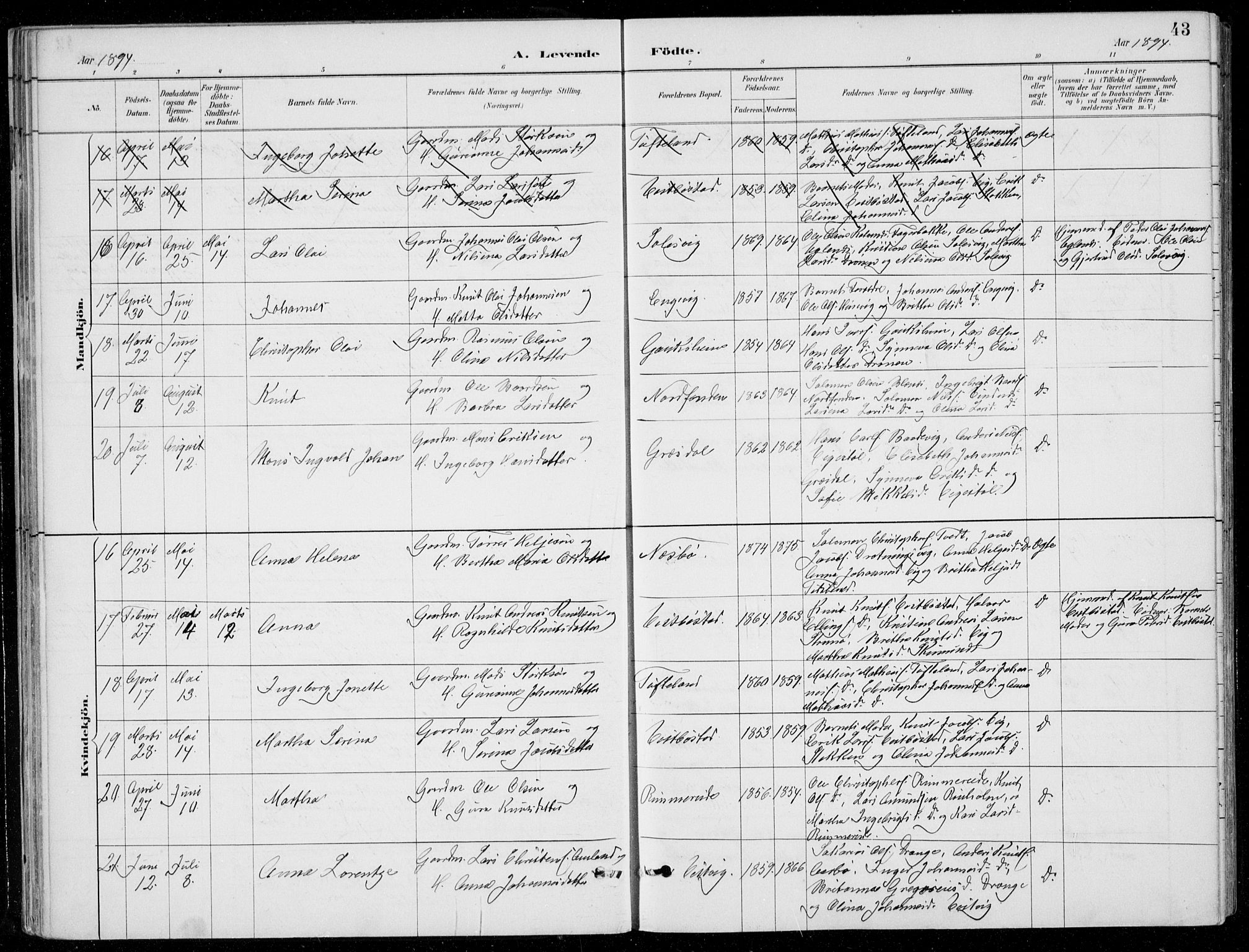 Fitjar sokneprestembete, AV/SAB-A-99926: Parish register (copy) no. A 2, 1887-1906, p. 43