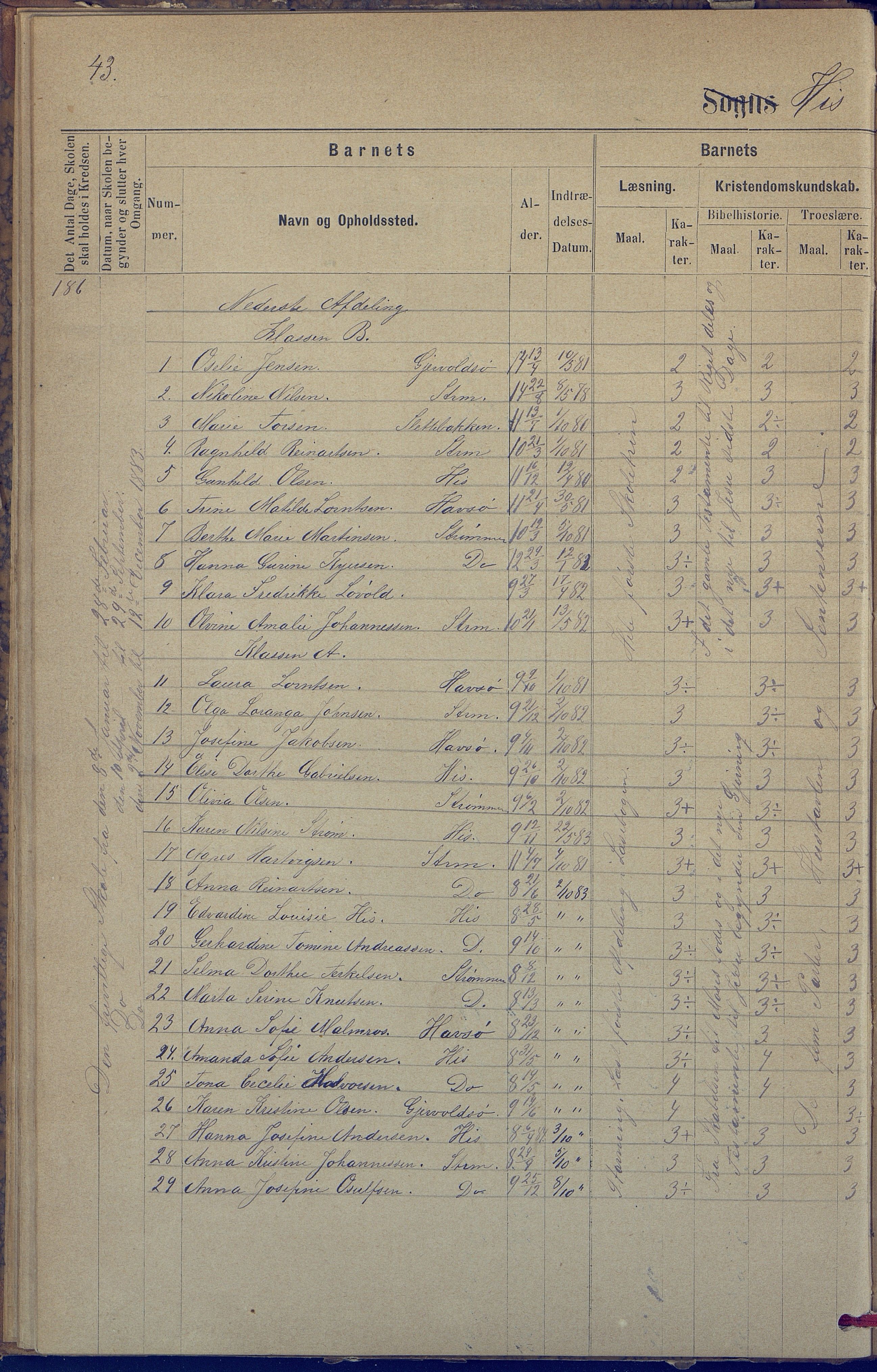 Hisøy kommune frem til 1991, AAKS/KA0922-PK/31/L0005: Skoleprotokoll, 1877-1892, p. 43