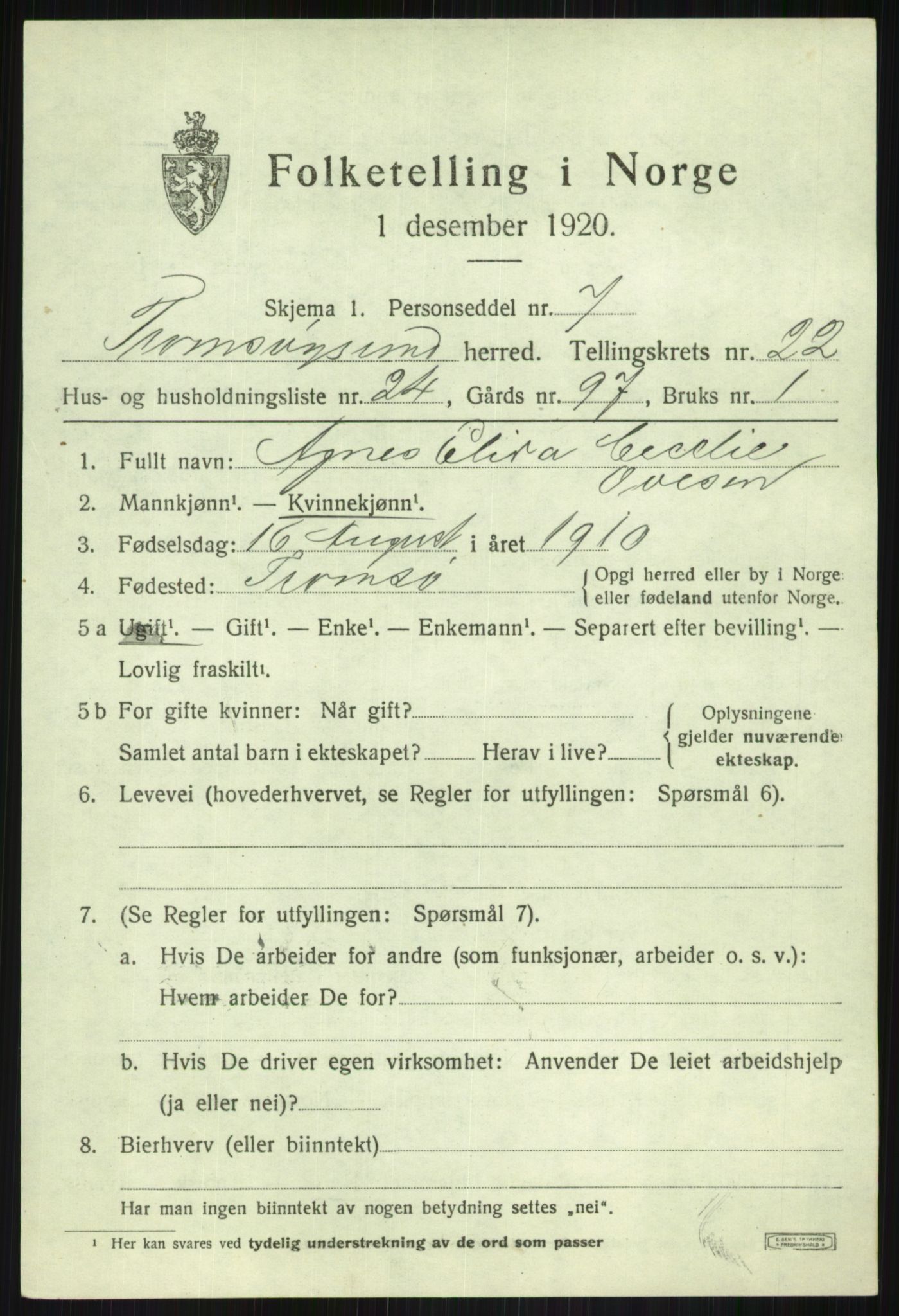 SATØ, 1920 census for Tromsøysund, 1920, p. 11614