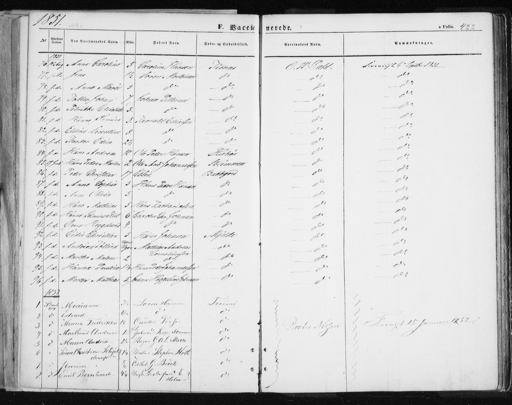 Tromsø sokneprestkontor/stiftsprosti/domprosti, SATØ/S-1343/G/Ga/L0010kirke: Parish register (official) no. 10, 1848-1855, p. 422