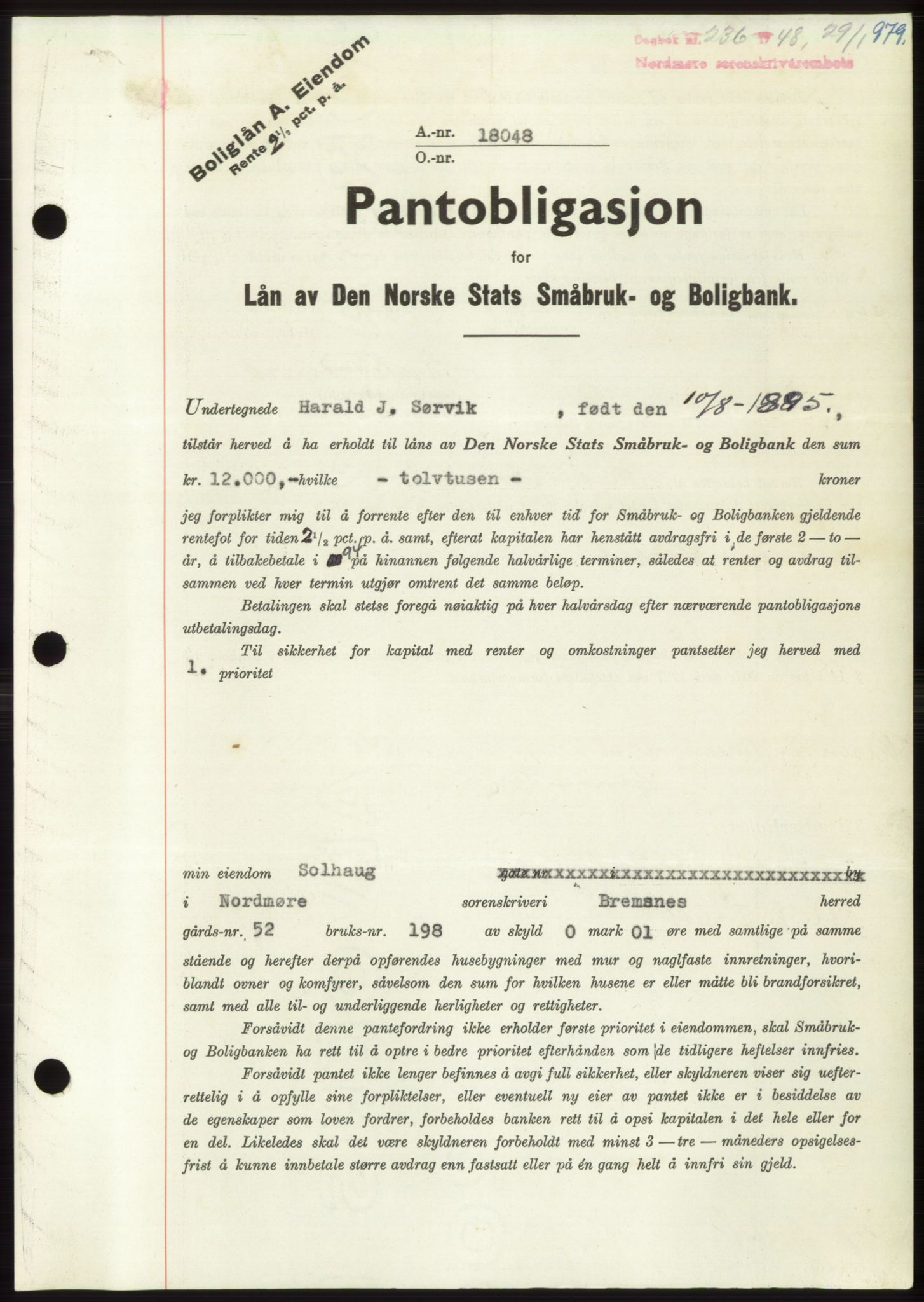 Nordmøre sorenskriveri, AV/SAT-A-4132/1/2/2Ca: Mortgage book no. B97, 1947-1948, Diary no: : 236/1948