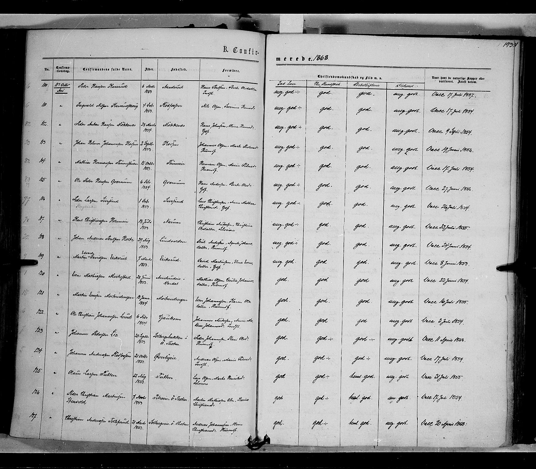 Vestre Toten prestekontor, AV/SAH-PREST-108/H/Ha/Haa/L0007: Parish register (official) no. 7, 1862-1869, p. 193