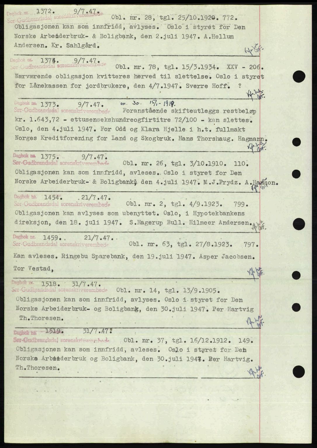 Sør-Gudbrandsdal tingrett, SAH/TING-004/H/Hb/Hbf/L0002: Mortgage book no. C1, 1938-1951, Diary no: : 1372/1947