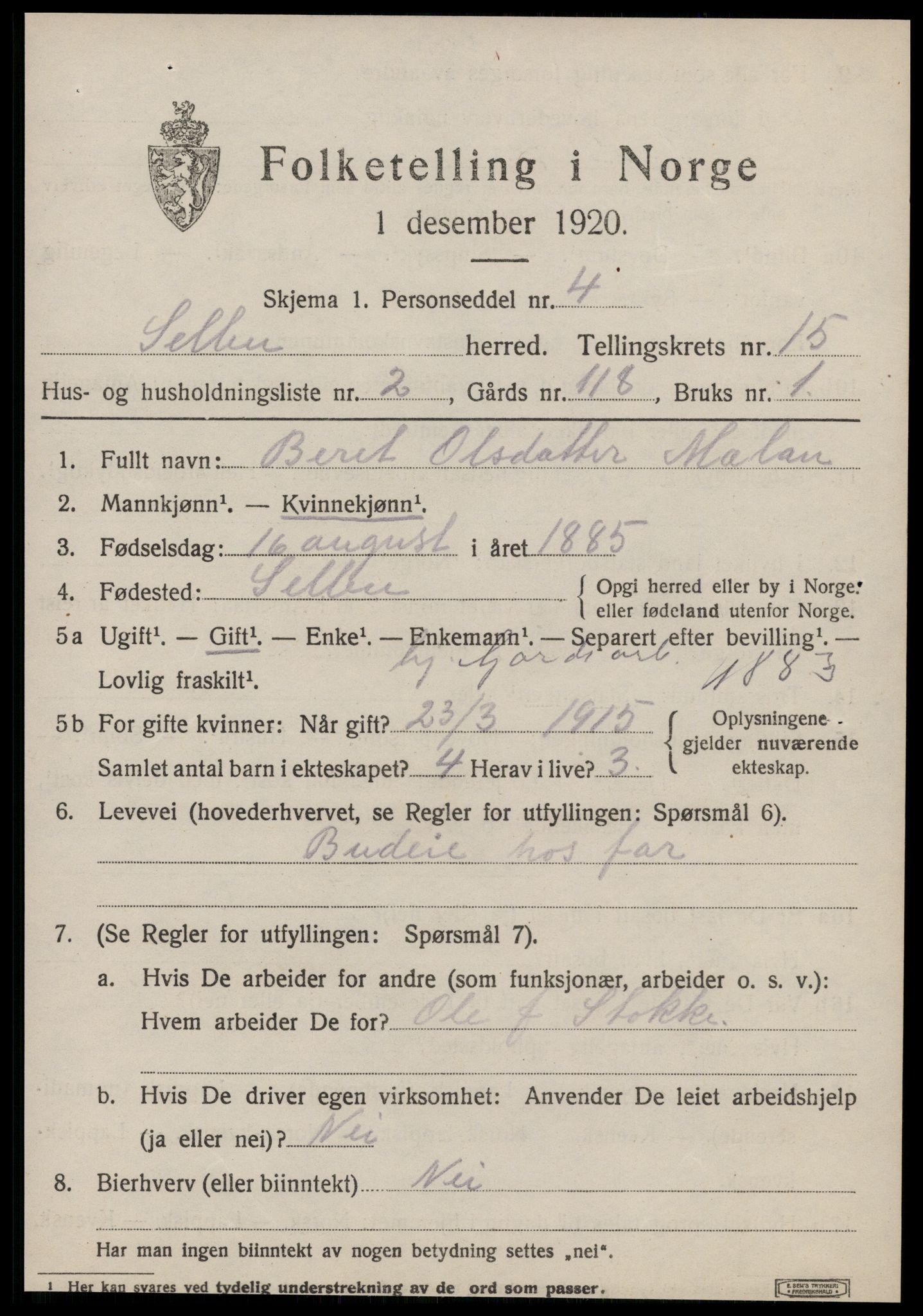 SAT, 1920 census for Selbu, 1920, p. 7864