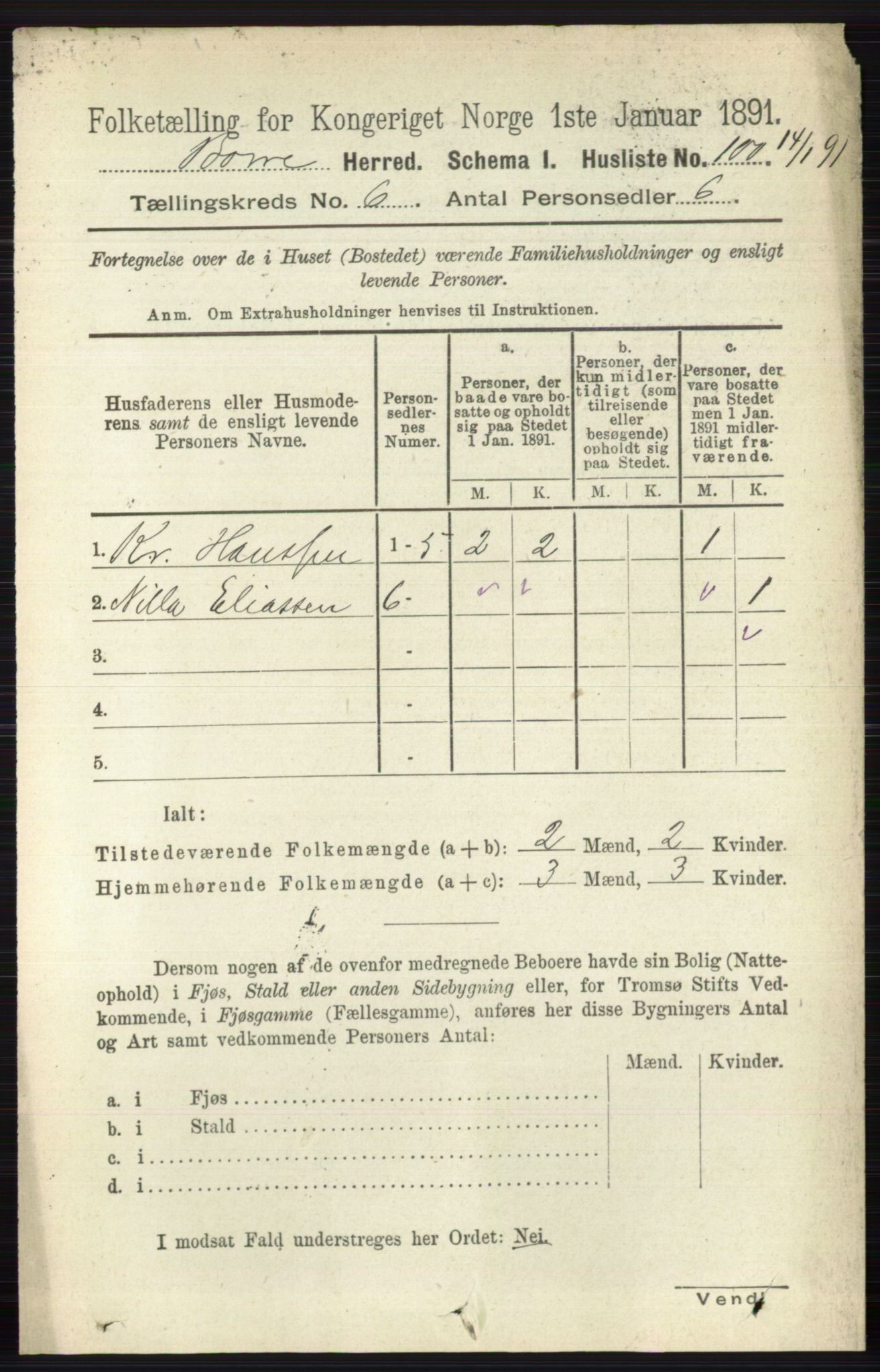 RA, 1891 census for 0717 Borre, 1891, p. 2638