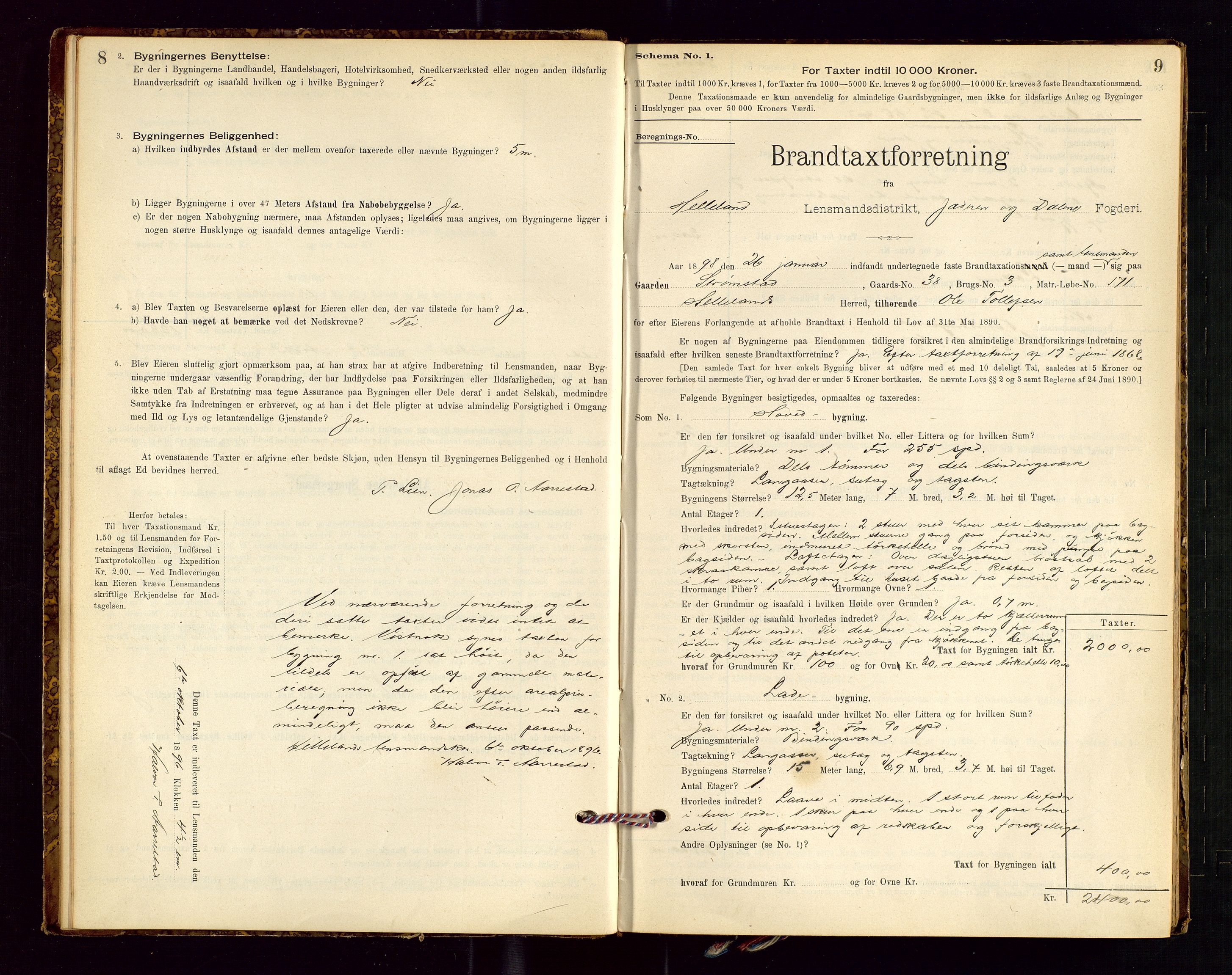 Helleland lensmannskontor, SAST/A-100209/Gob/L0001: "Brandtaxationsprotokol", 1896-1919, p. 8-9