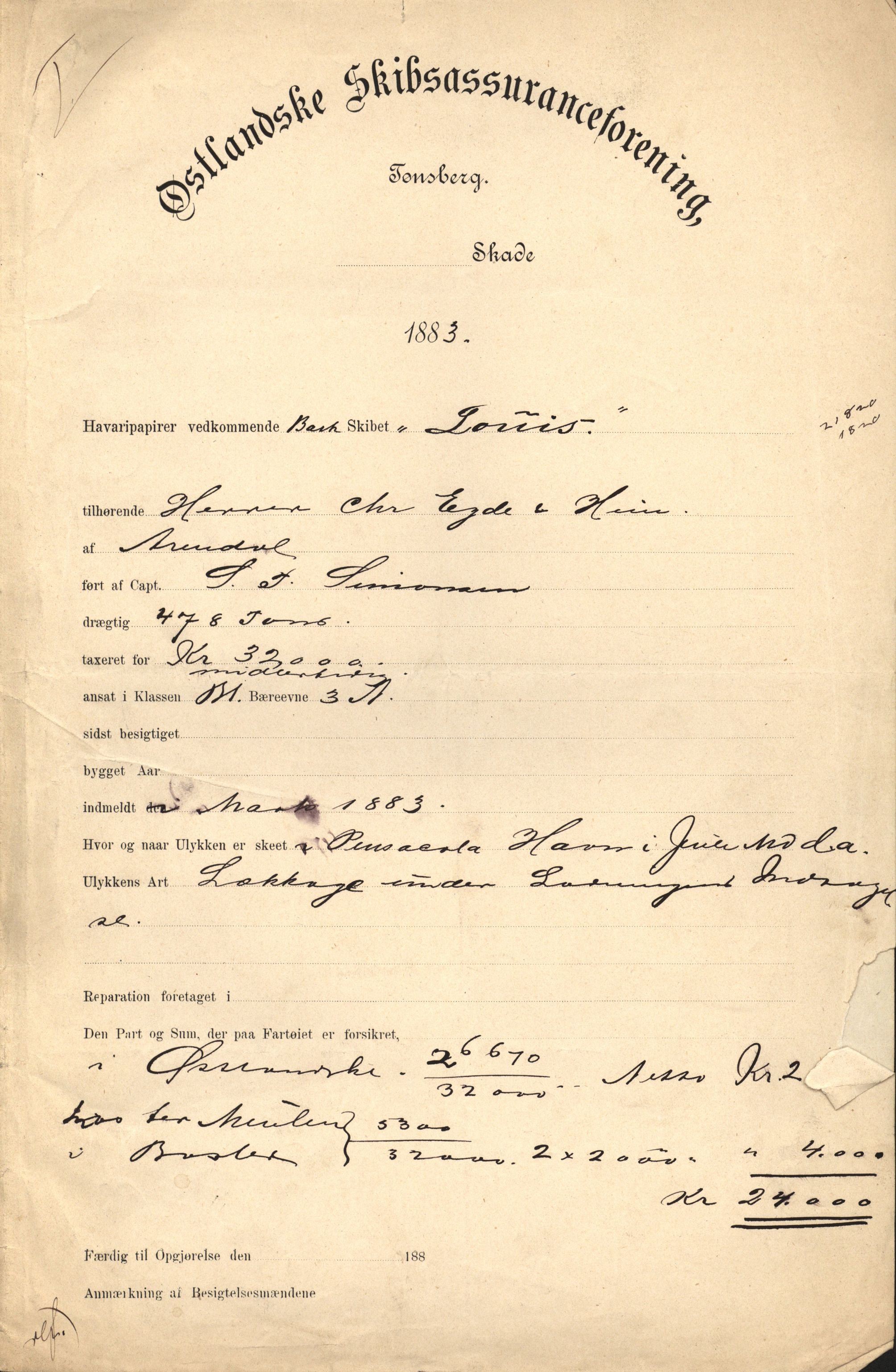 Pa 63 - Østlandske skibsassuranceforening, VEMU/A-1079/G/Ga/L0016/0011: Havaridokumenter / Elise, Dux, Dagmar, Dacapo, Louis, Iphignia, 1883, p. 51