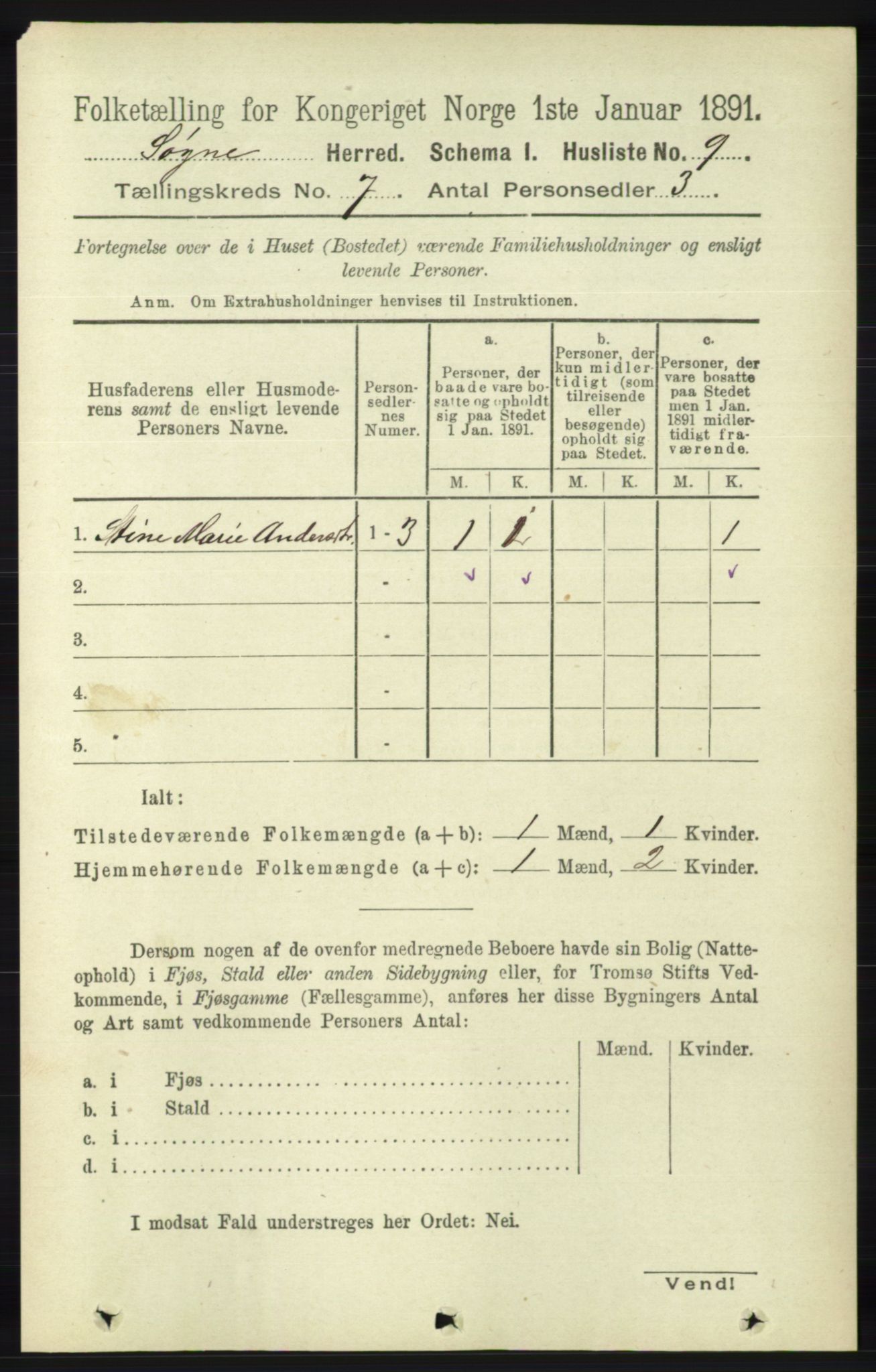 RA, 1891 census for 1018 Søgne, 1891, p. 1432