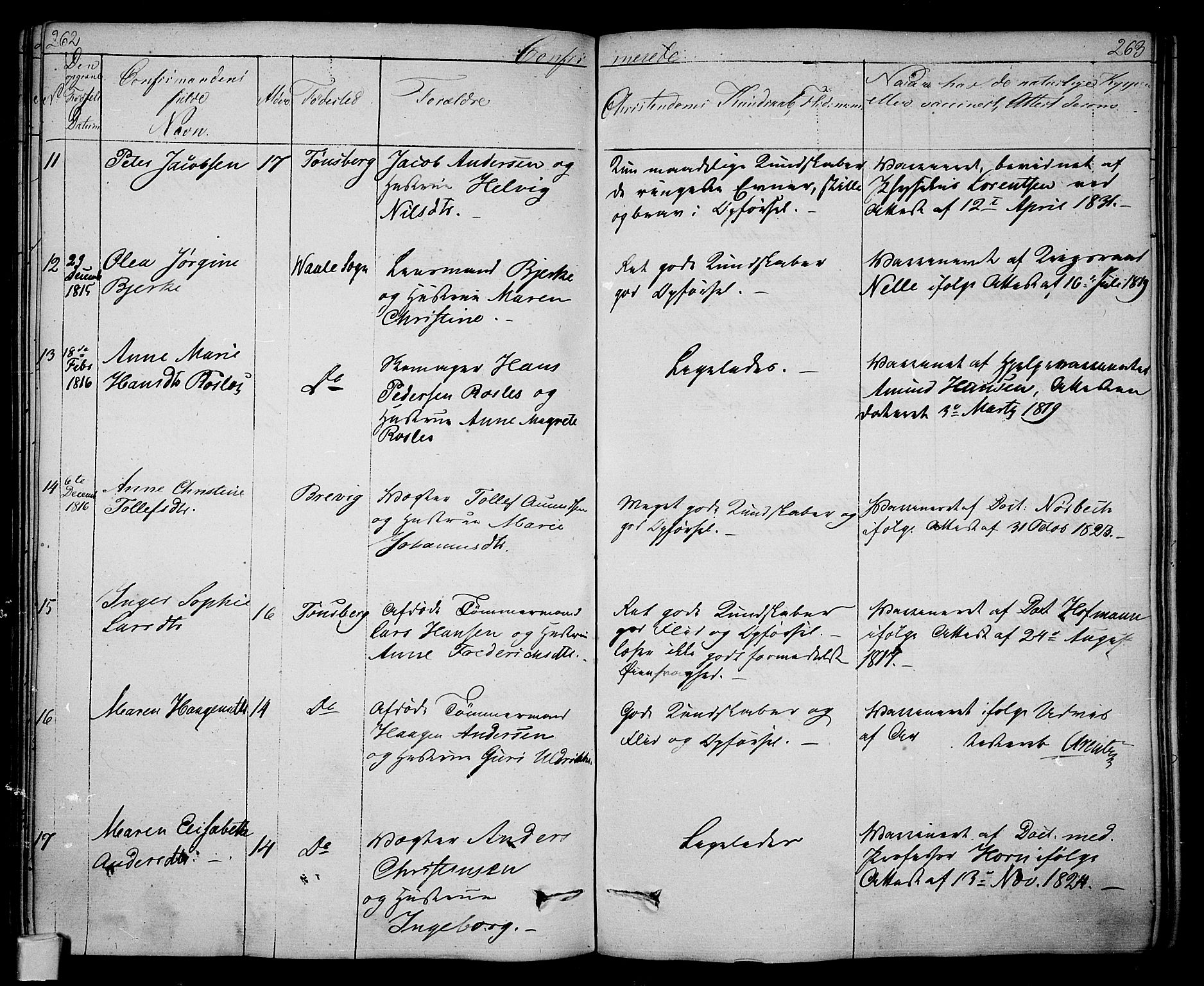 Tønsberg kirkebøker, SAKO/A-330/F/Fa/L0005: Parish register (official) no. I 5, 1827-1836, p. 262-263