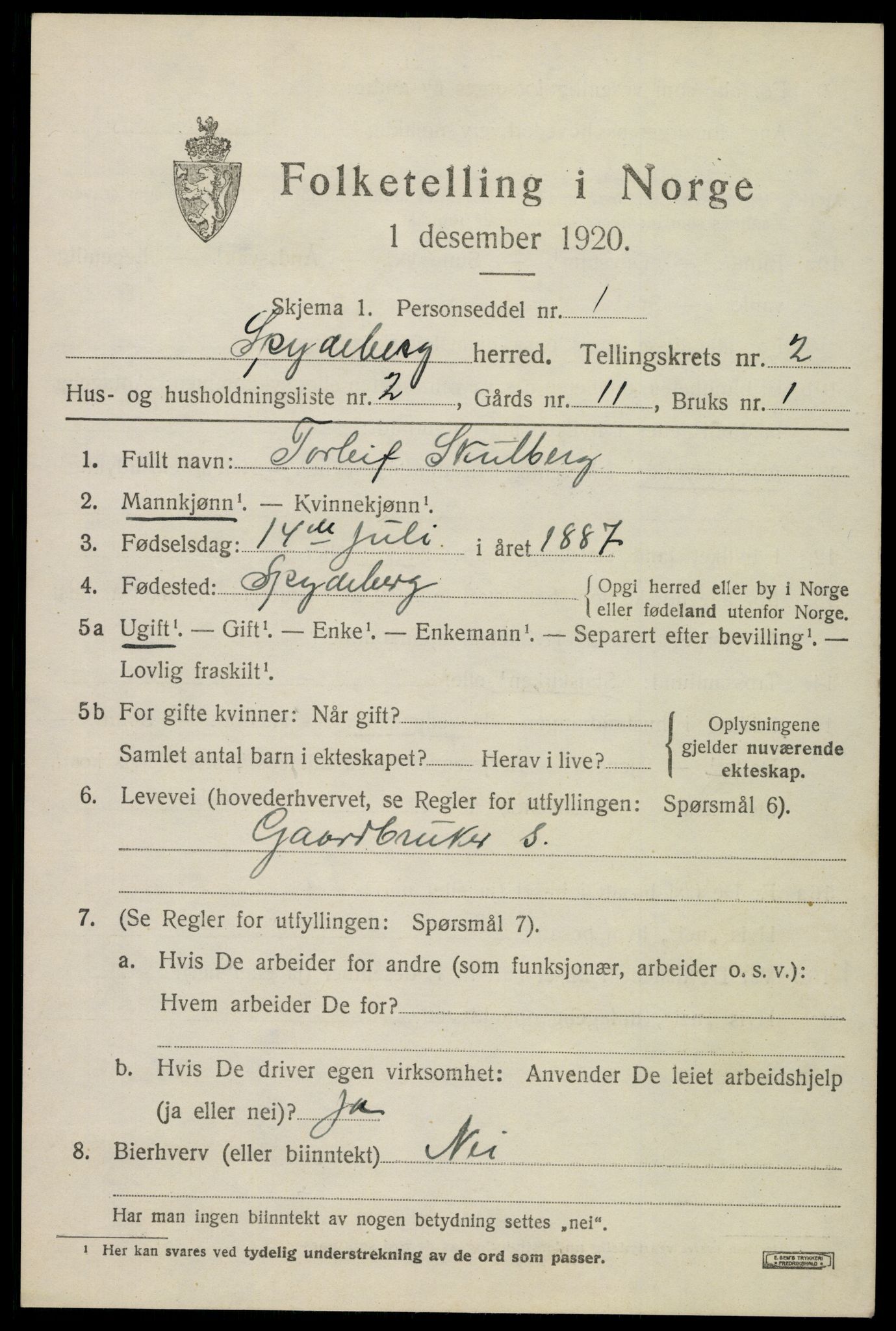 SAO, 1920 census for Spydeberg, 1920, p. 2815