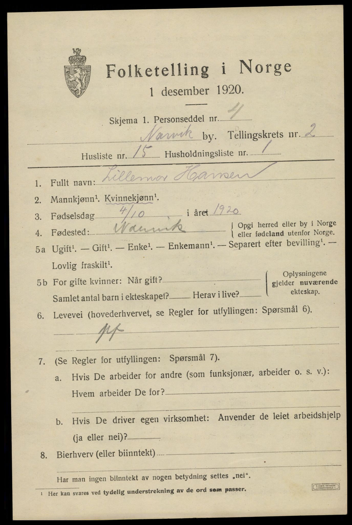 SAT, 1920 census for Narvik, 1920, p. 8228