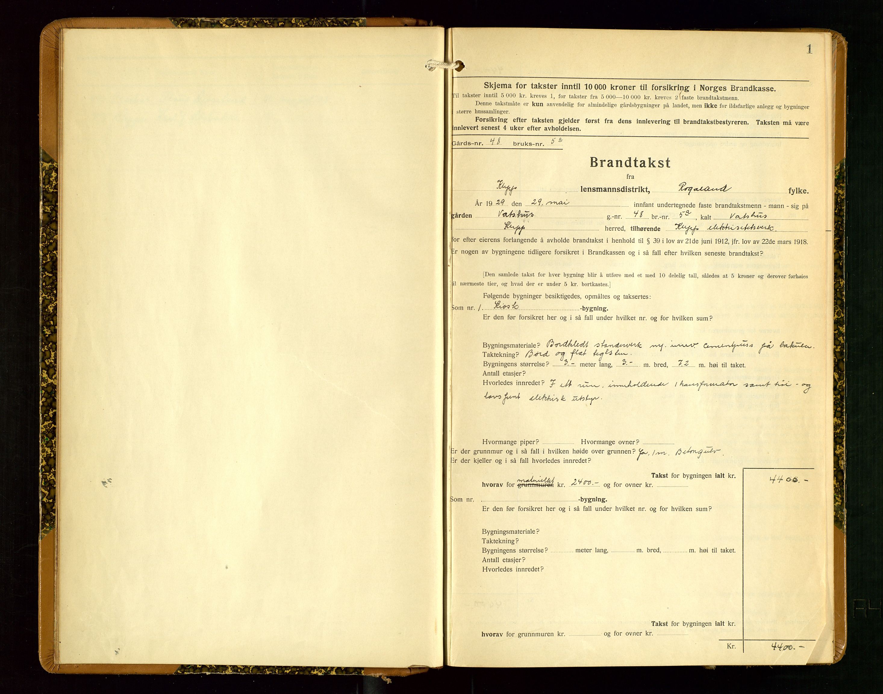 Klepp lensmannskontor, SAST/A-100163/Goc/L0012: "Brandtakstprotokoll" m/register, 1929-1933, p. 1