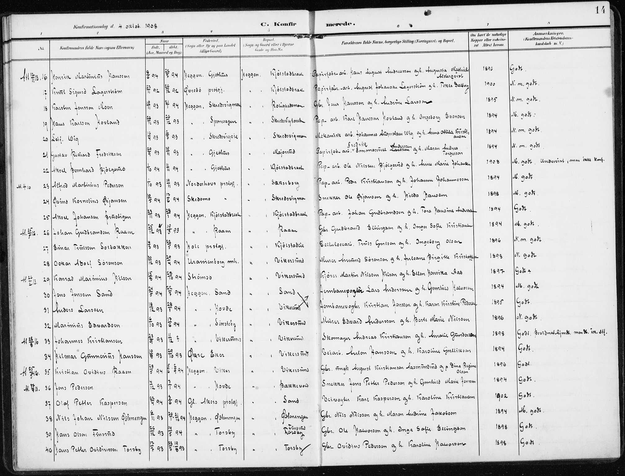 Modum kirkebøker, SAKO/A-234/F/Fa/L0014b: Parish register (official) no. 14B, 1906-1917, p. 14