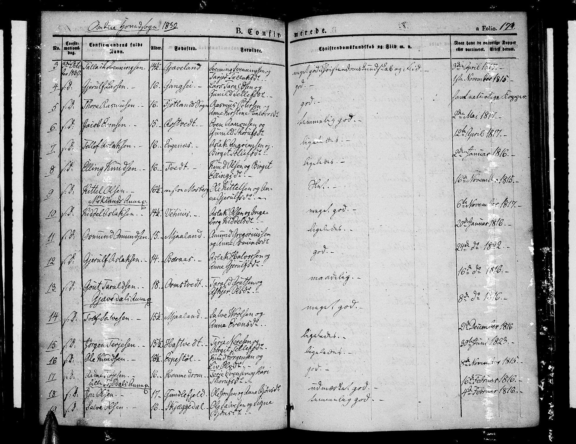 Åmli sokneprestkontor, AV/SAK-1111-0050/F/Fa/Fac/L0007: Parish register (official) no. A 7 /1, 1829-1851, p. 174