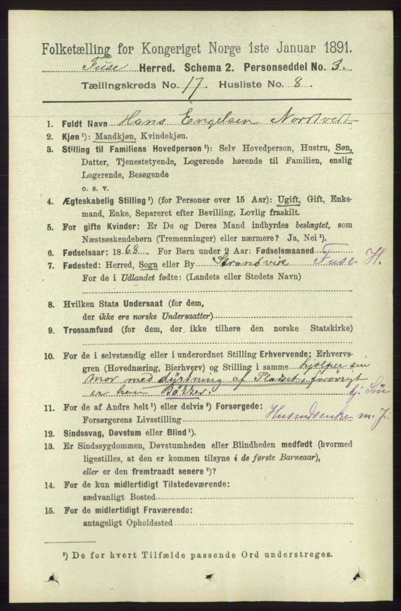 RA, 1891 census for 1241 Fusa, 1891, p. 3851