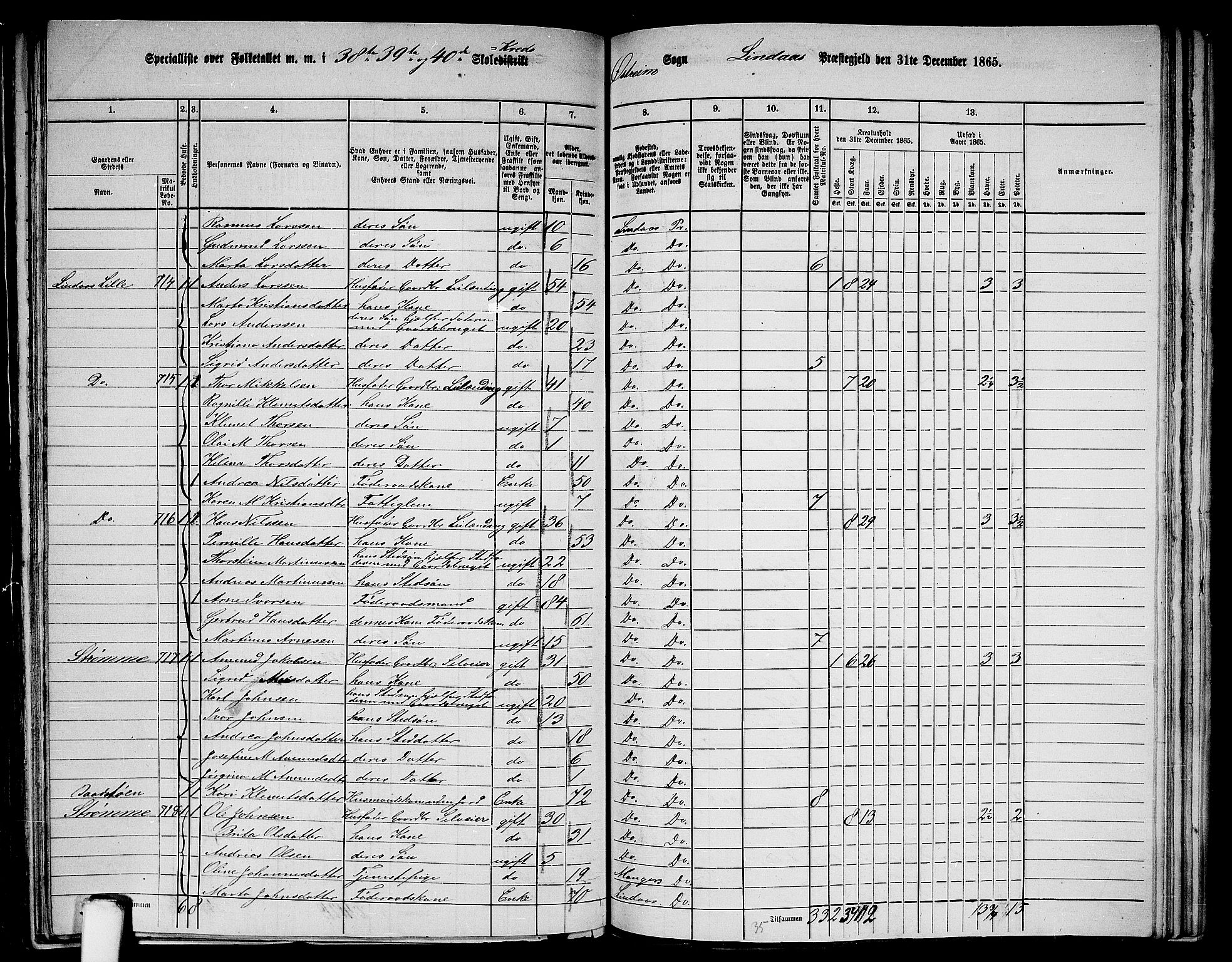 RA, 1865 census for Lindås, 1865, p. 249