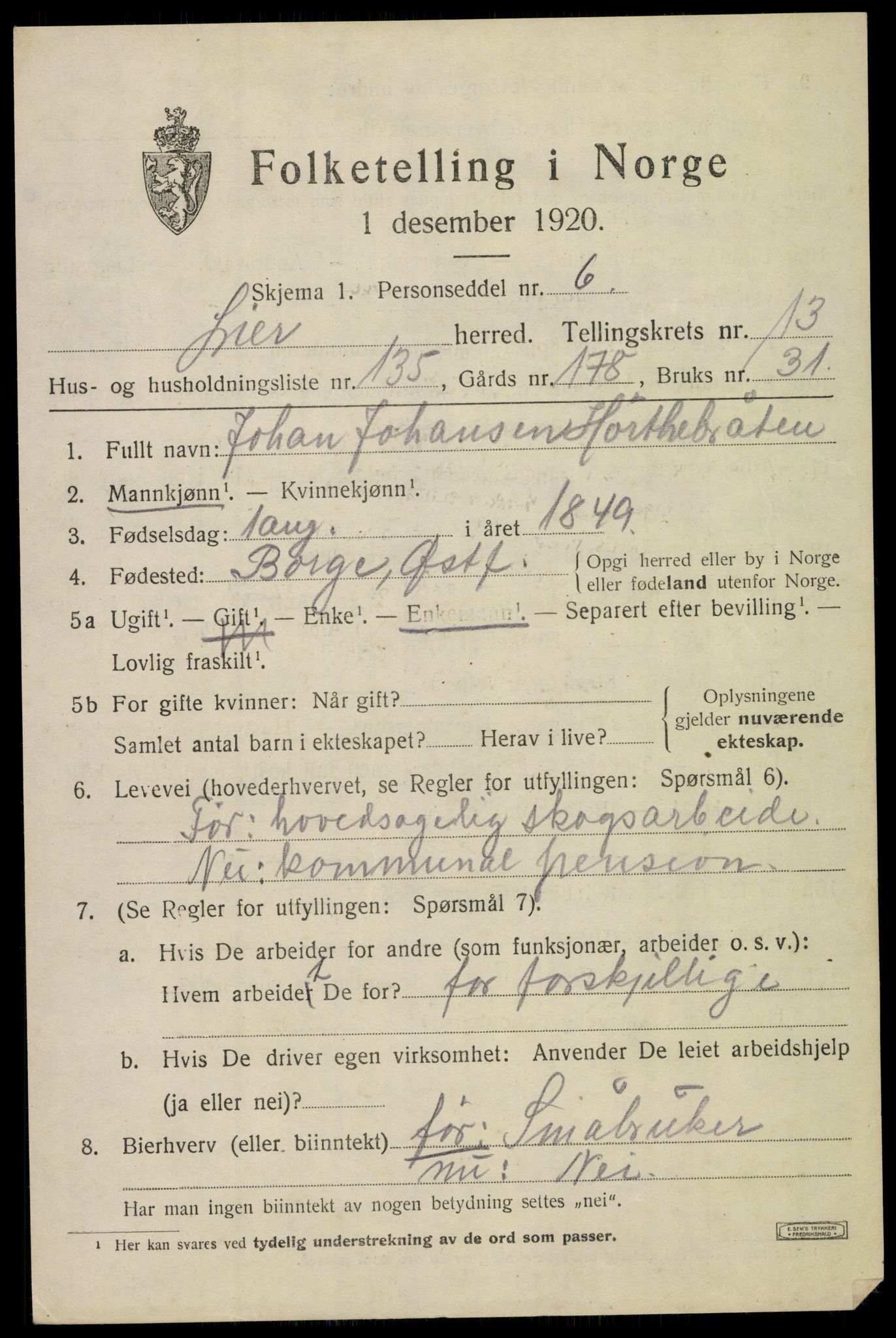 SAKO, 1920 census for Lier, 1920, p. 21918