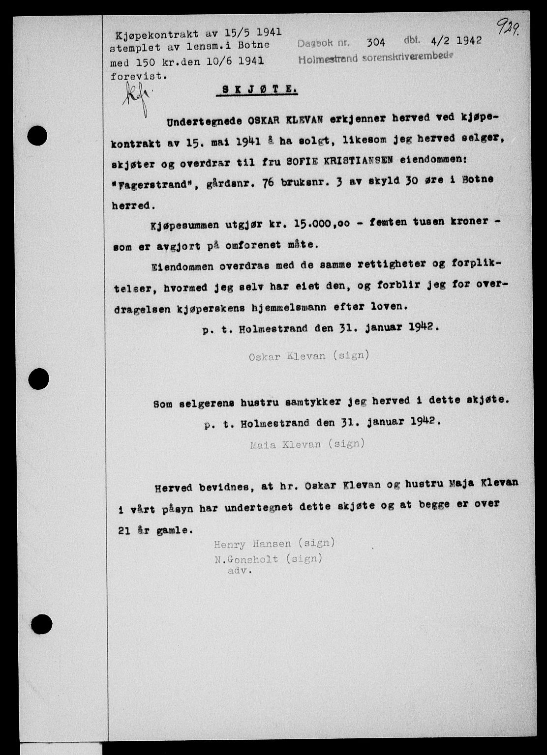 Holmestrand sorenskriveri, SAKO/A-67/G/Ga/Gaa/L0054: Mortgage book no. A-54, 1941-1942, Diary no: : 304/1942