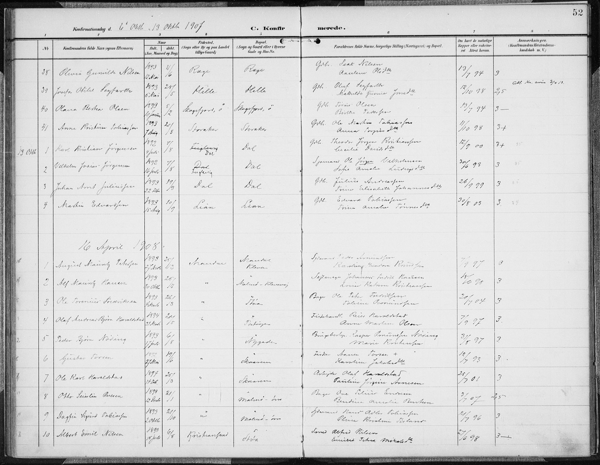 Mandal sokneprestkontor, AV/SAK-1111-0030/F/Fa/Faa/L0019: Parish register (official) no. A 19, 1902-1912, p. 52