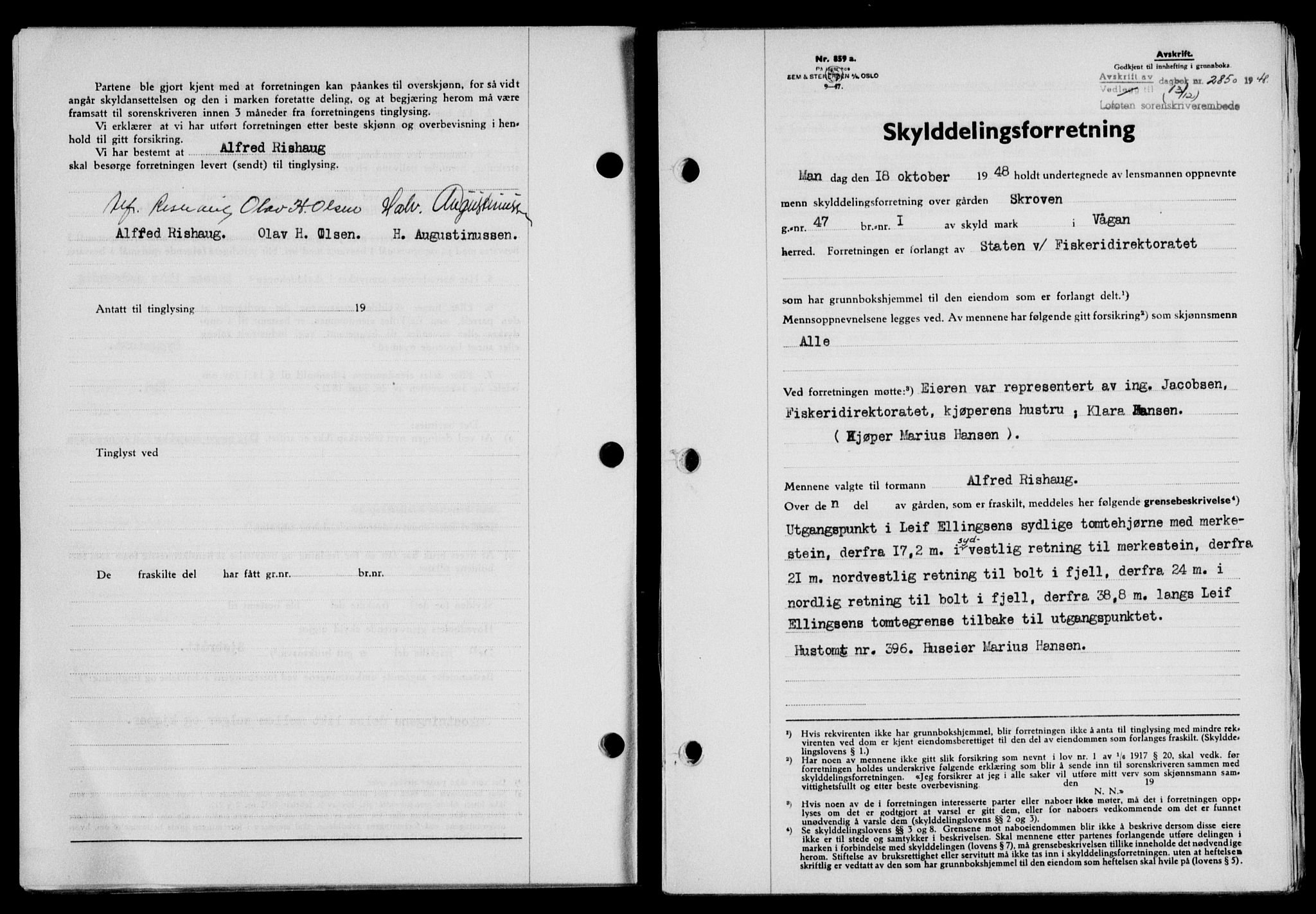 Lofoten sorenskriveri, SAT/A-0017/1/2/2C/L0020a: Mortgage book no. 20a, 1948-1949, Diary no: : 2850/1948