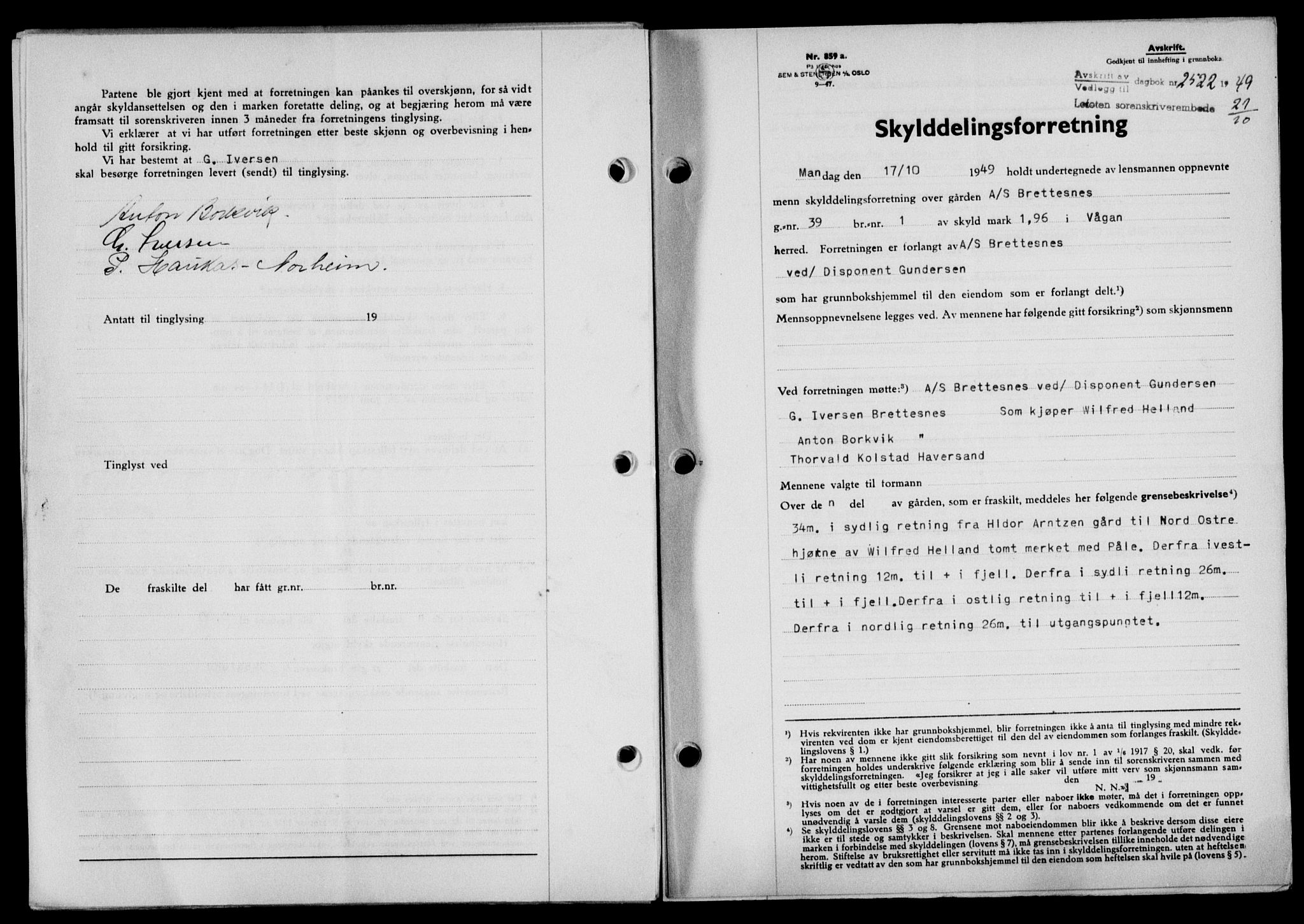 Lofoten sorenskriveri, SAT/A-0017/1/2/2C/L0022a: Mortgage book no. 22a, 1949-1950, Diary no: : 2522/1949
