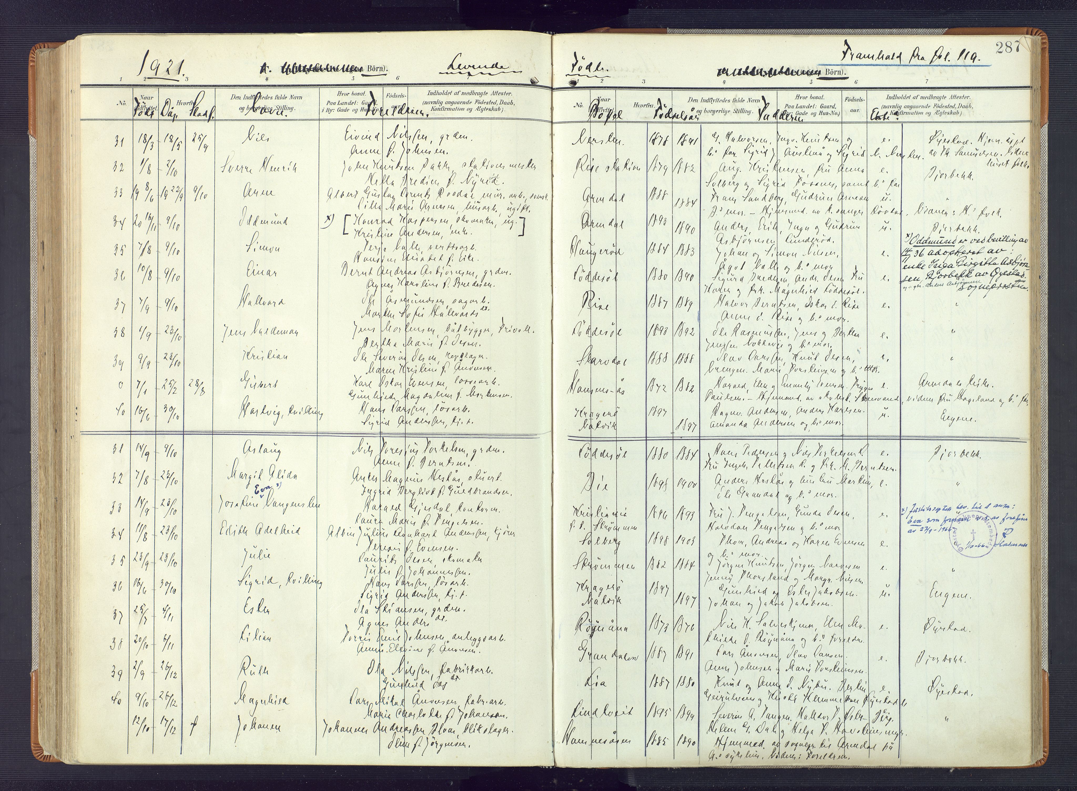 Øyestad sokneprestkontor, AV/SAK-1111-0049/F/Fa/L0019: Parish register (official) no. A 19, 1908-1922, p. 287