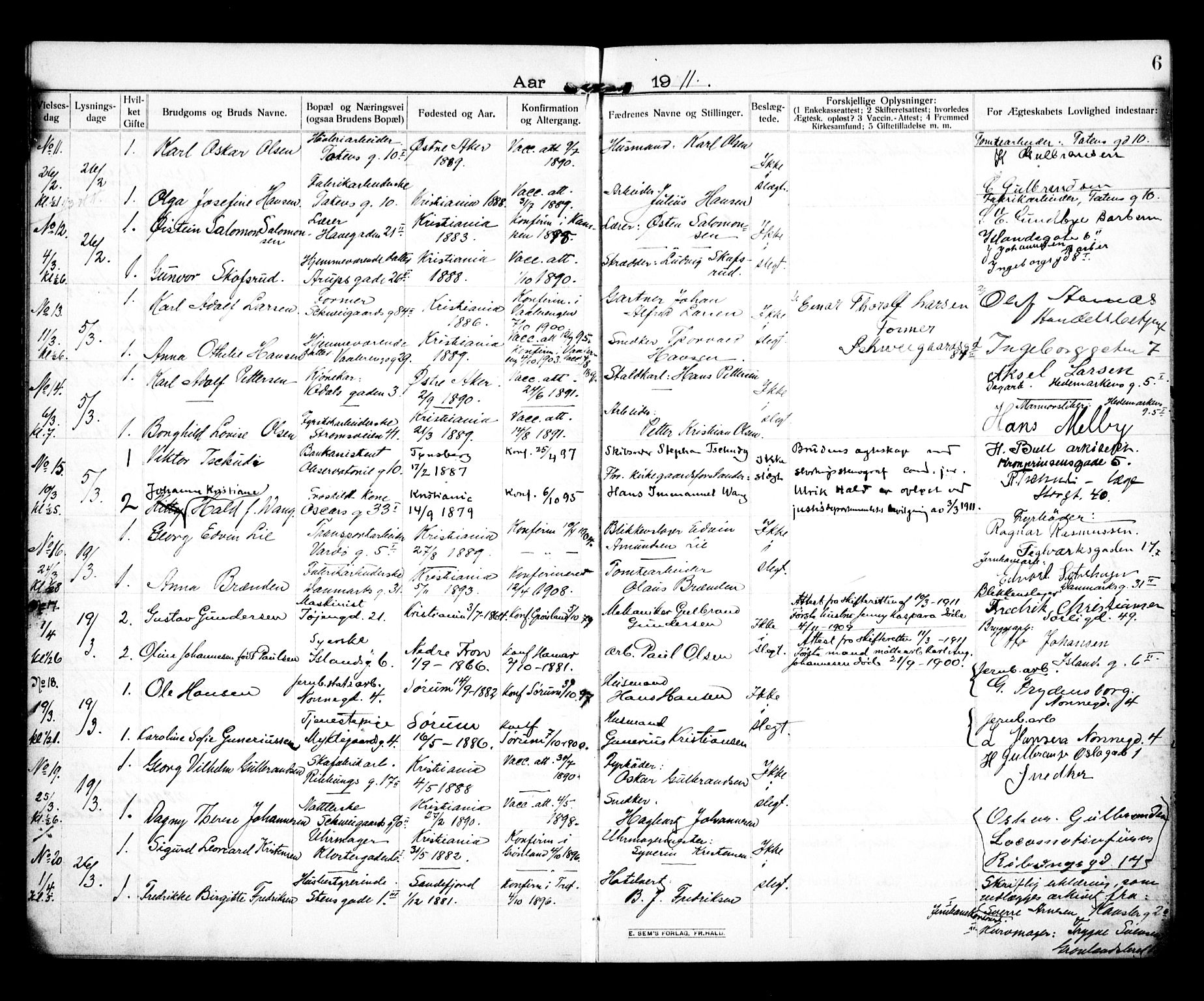 Vålerengen prestekontor Kirkebøker, SAO/A-10878/H/Ha/L0002: Banns register no. 2, 1910-1918, p. 6