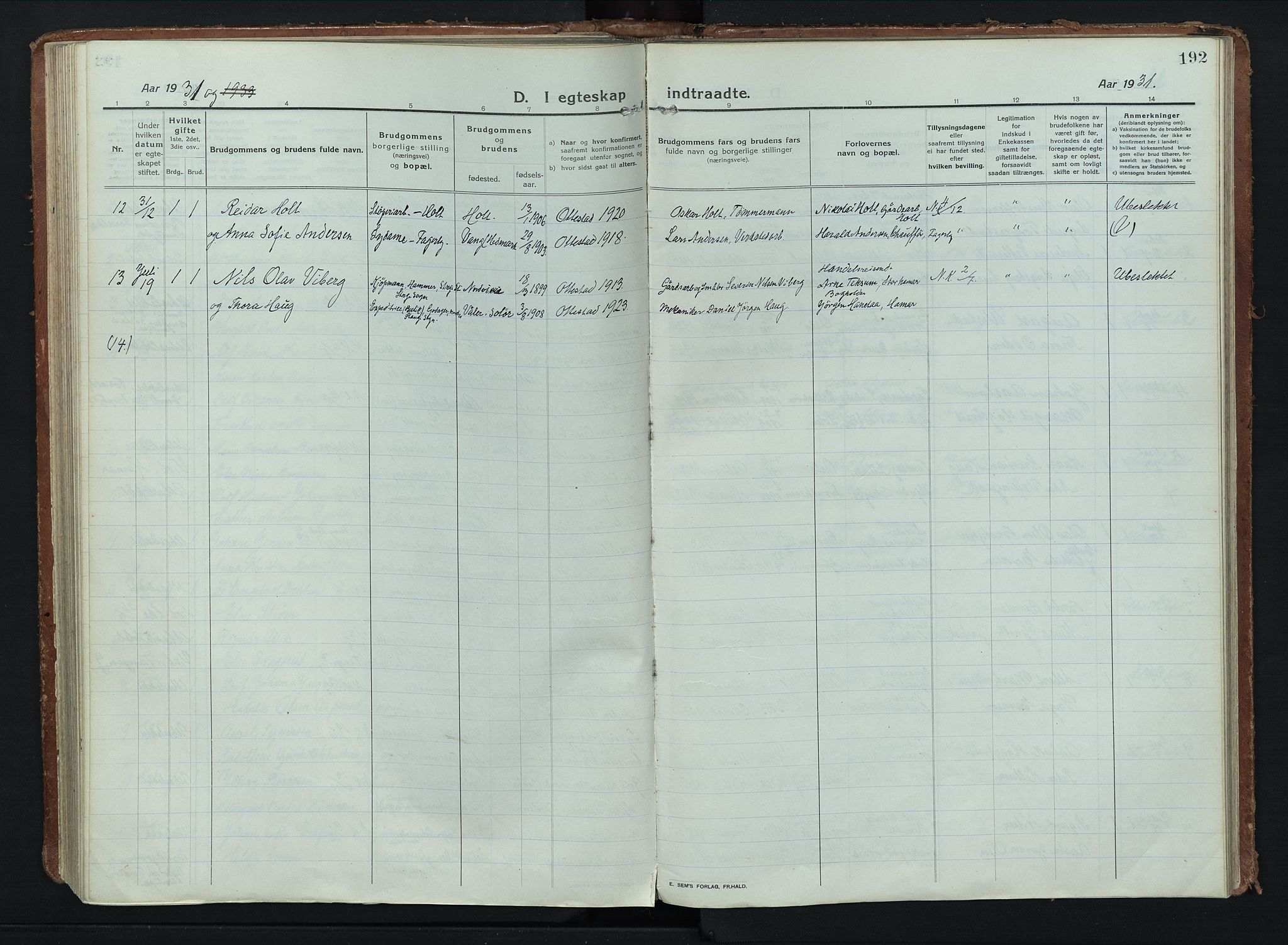 Stange prestekontor, AV/SAH-PREST-002/K/L0028: Parish register (official) no. 28, 1913-1932, p. 192