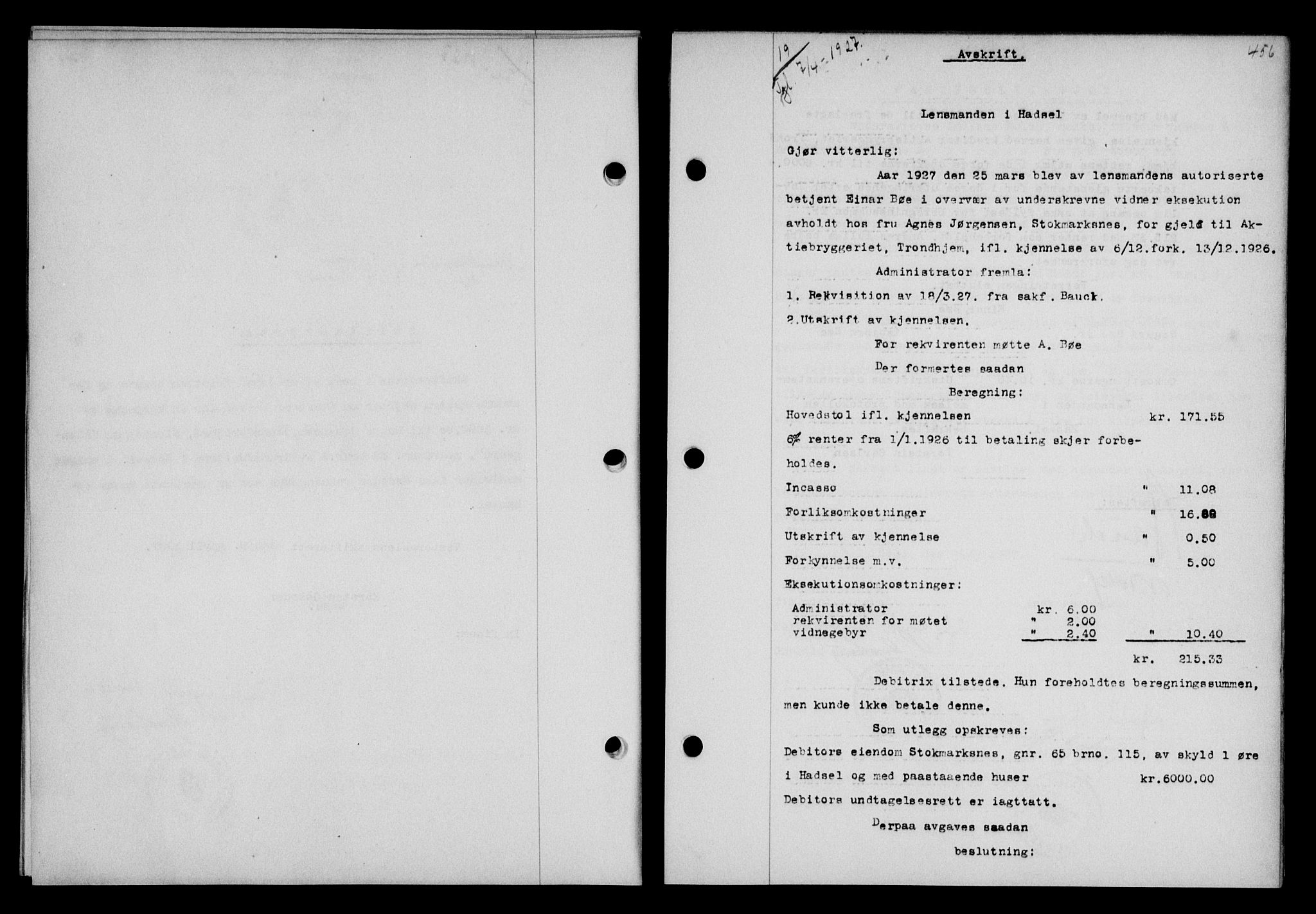 Vesterålen sorenskriveri, SAT/A-4180/1/2/2Ca/L0043: Mortgage book no. 36, 1926-1927, Deed date: 07.04.1927