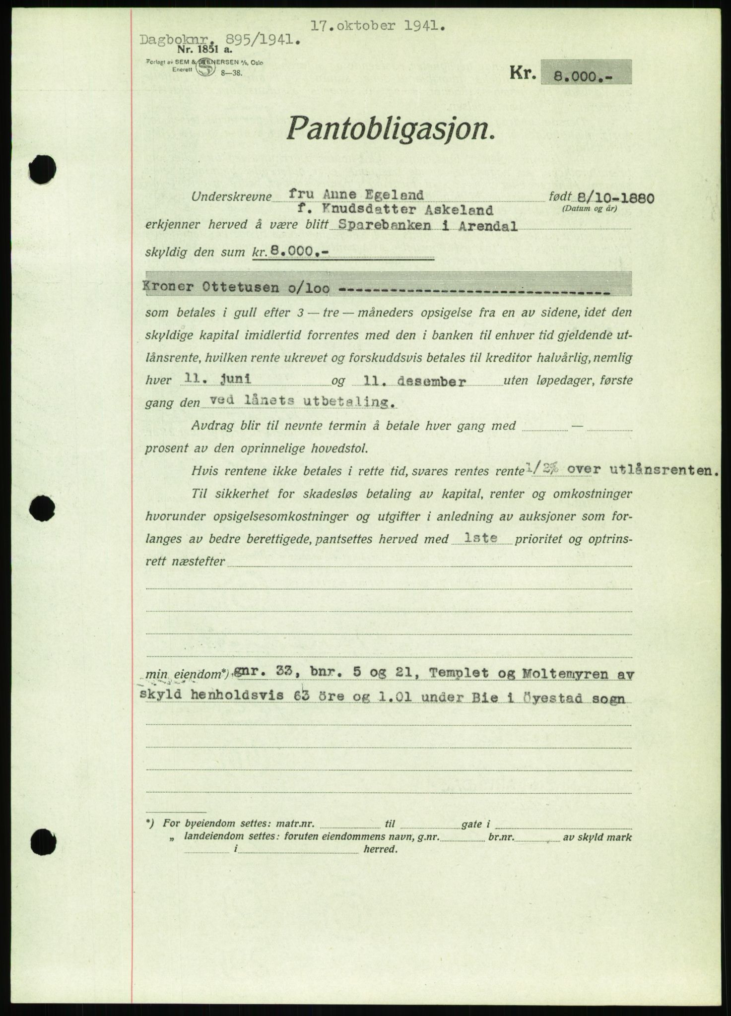 Nedenes sorenskriveri, AV/SAK-1221-0006/G/Gb/Gbb/L0001: Mortgage book no. I, 1939-1942, Diary no: : 895/1941