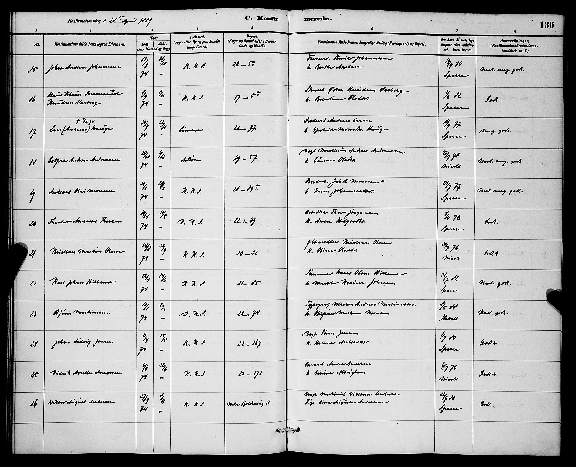 Korskirken sokneprestembete, AV/SAB-A-76101/H/Hab: Parish register (copy) no. C 3, 1880-1892, p. 136